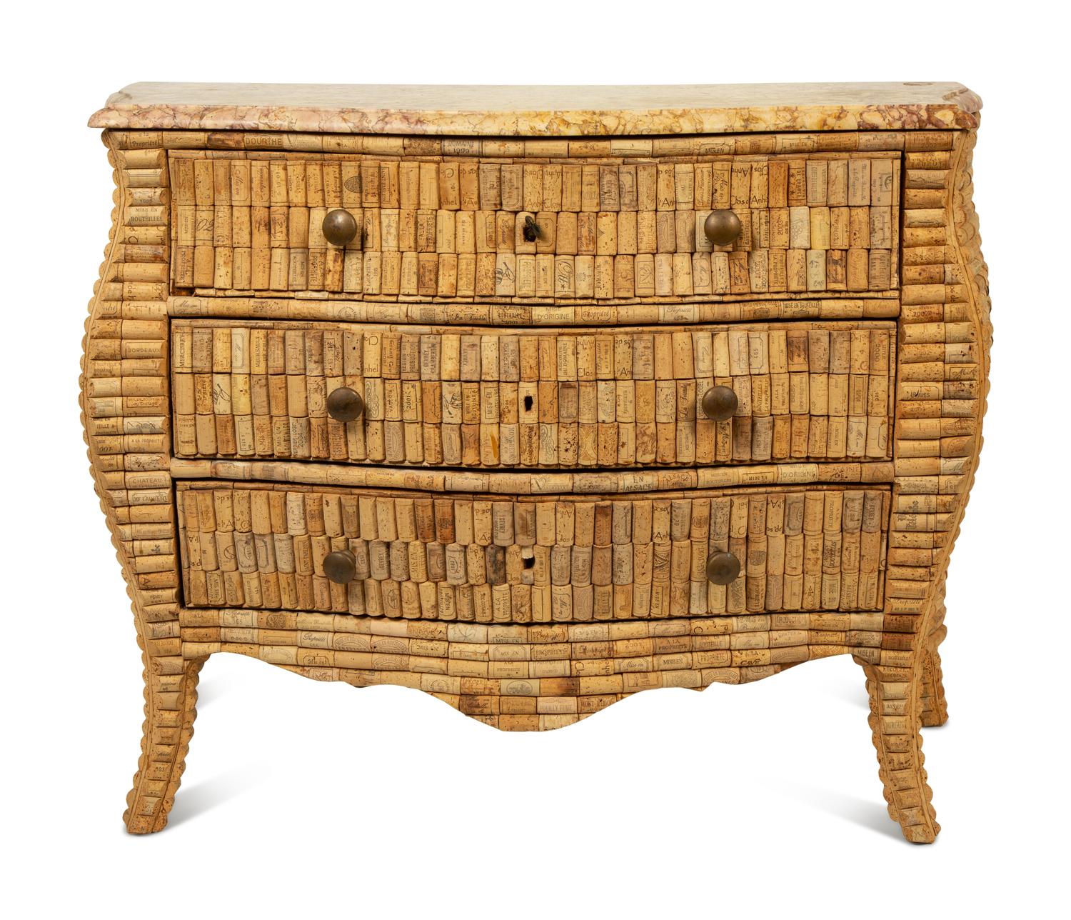 A Louis XV Style Wine Cork-Veneered Marble-Top Commode — 20TH CENTURY