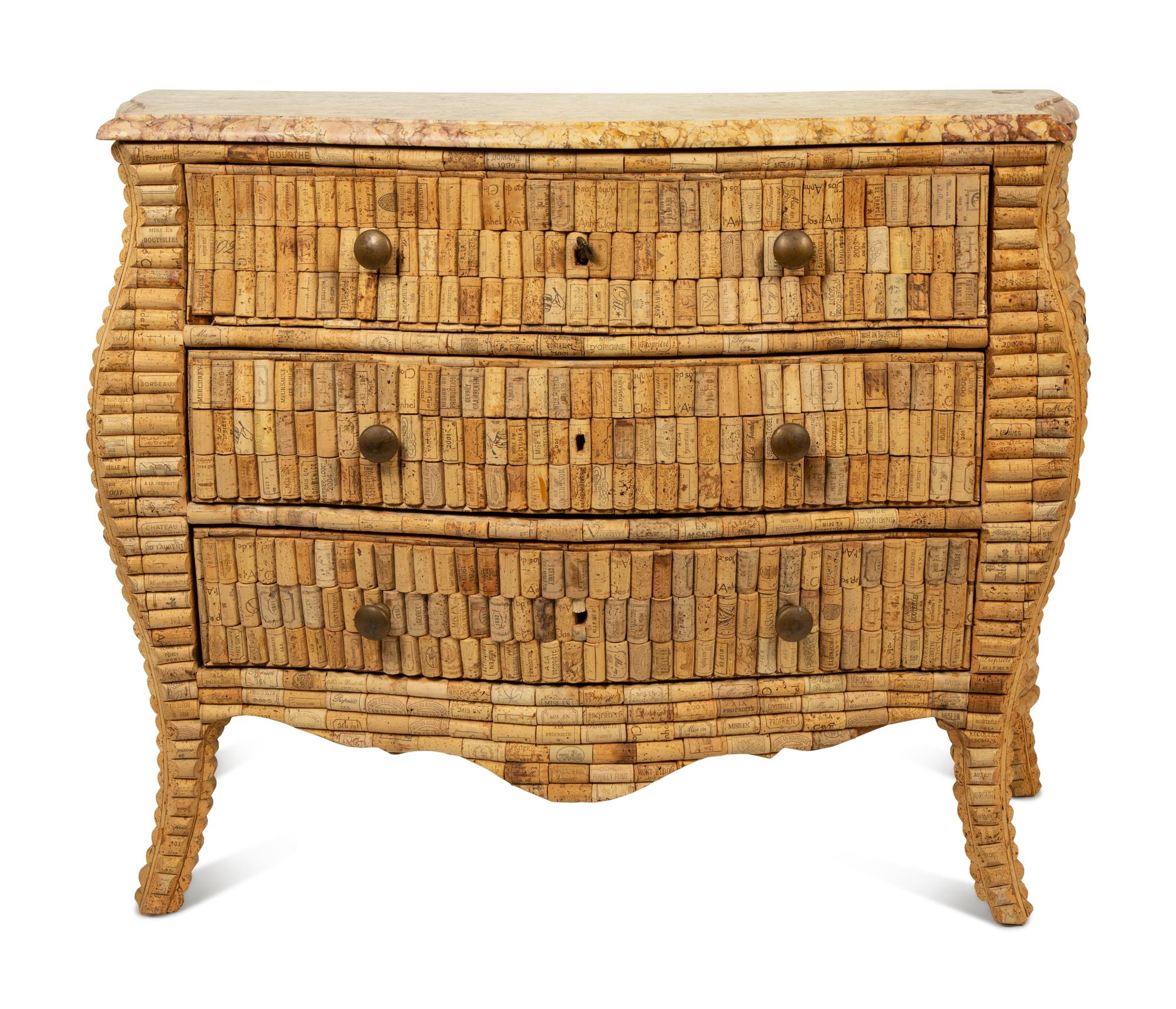 A Louis XV Style Wine Cork-Veneered Marble-Top Commode — 20TH CENTURY