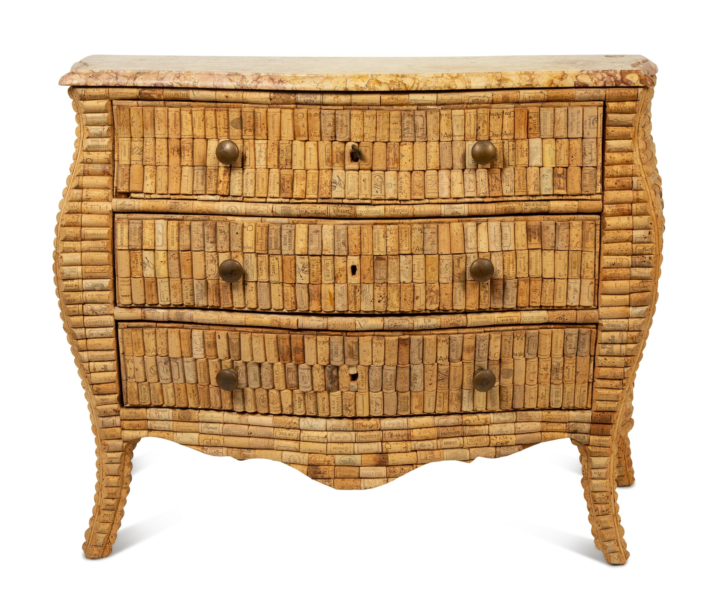 A Louis XV Style Wine Cork-Veneered Marble-Top Commode — 20TH CENTURY
