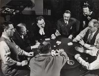 Frank Hall, Theron Bamberger, Franklin Adams, Russel Crouse, Howard Lindsay, Mike Wallach and Bernie Hart playing poker, 1941; printed ca. 1941