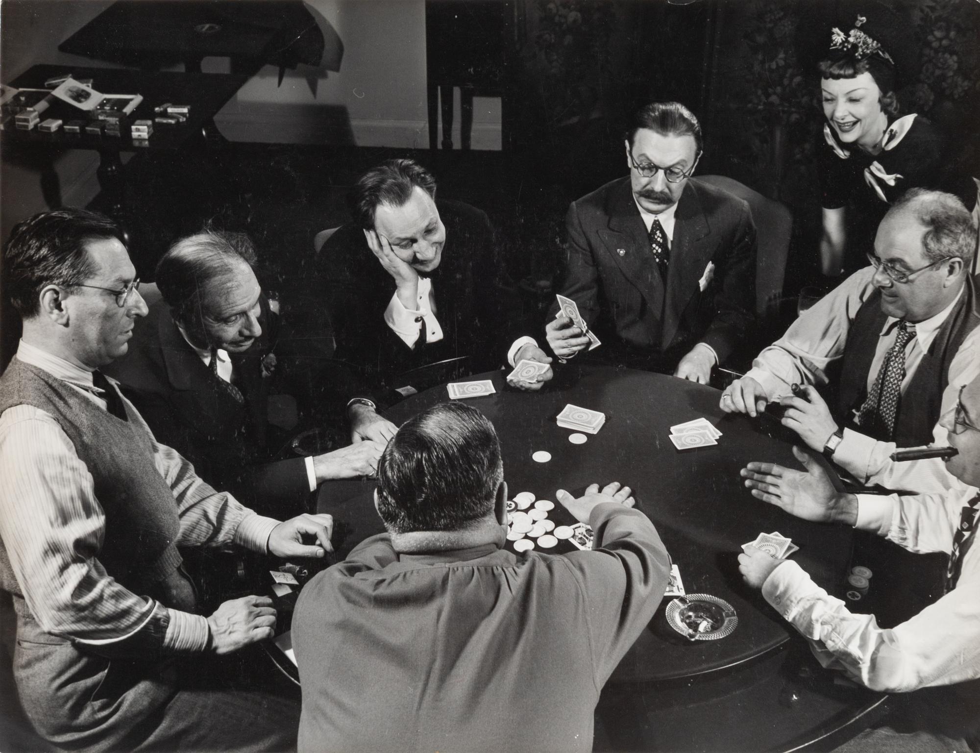 Frank Hall, Theron Bamberger, Franklin Adams, Russel Crouse, Howard Lindsay, Mike Wallach and Bernie Hart playing poker, 1941; printed ca. 1941