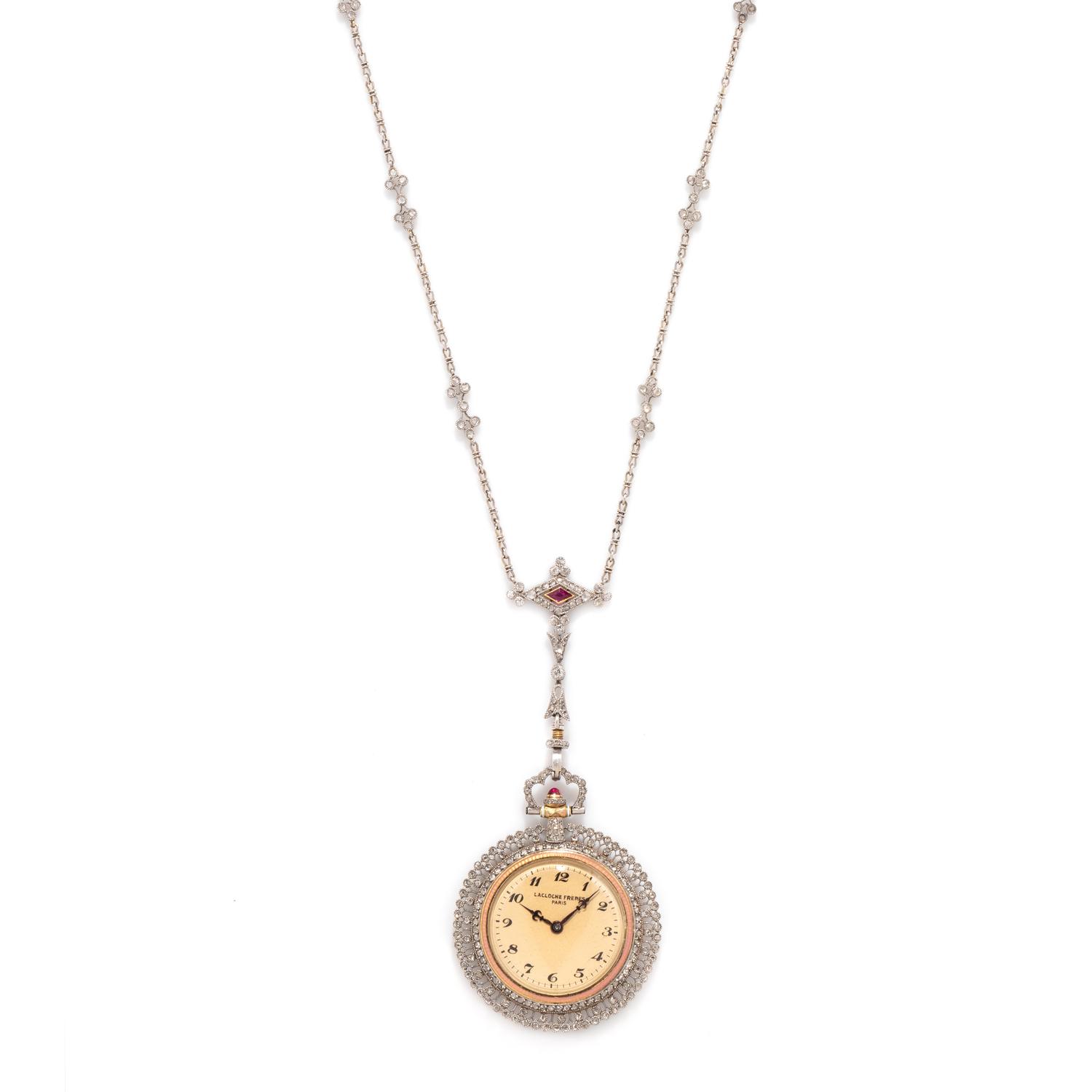 LACLOCHE FRÈRES, ANTIQUE, ENAMEL AND DIAMOND PENDANT WATCH