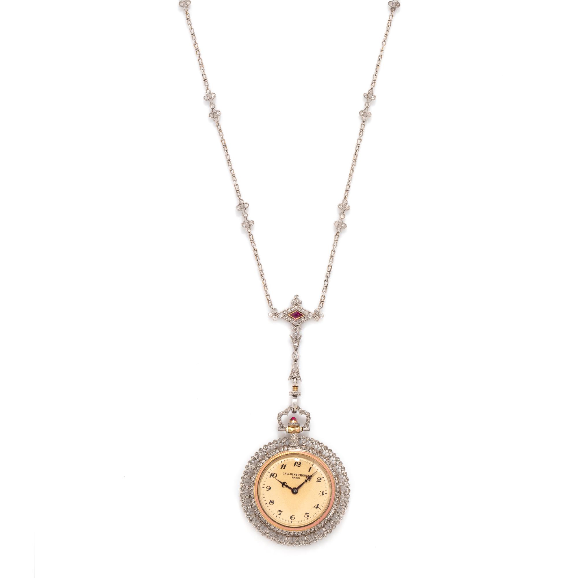 LACLOCHE FRÈRES, ANTIQUE, ENAMEL AND DIAMOND PENDANT WATCH