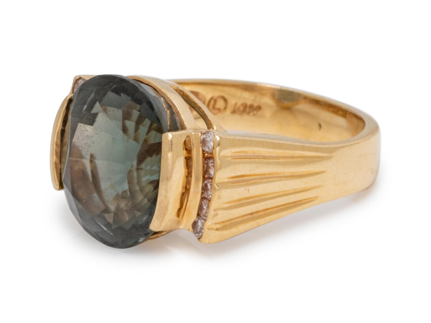 A 14 Karat Yellow Gold, Green Tourmaline and Diamond Ring,
