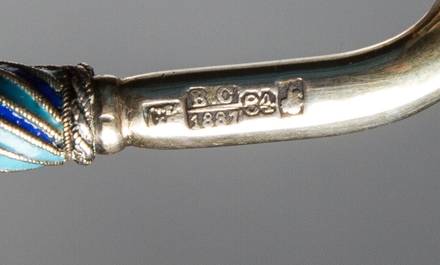A Russian Silver-Gilt and Enamel Spoon, Mark of Gustav Klingert, assay mark of Viktor Savinsky, Moscow, 1887, having an enameled finial