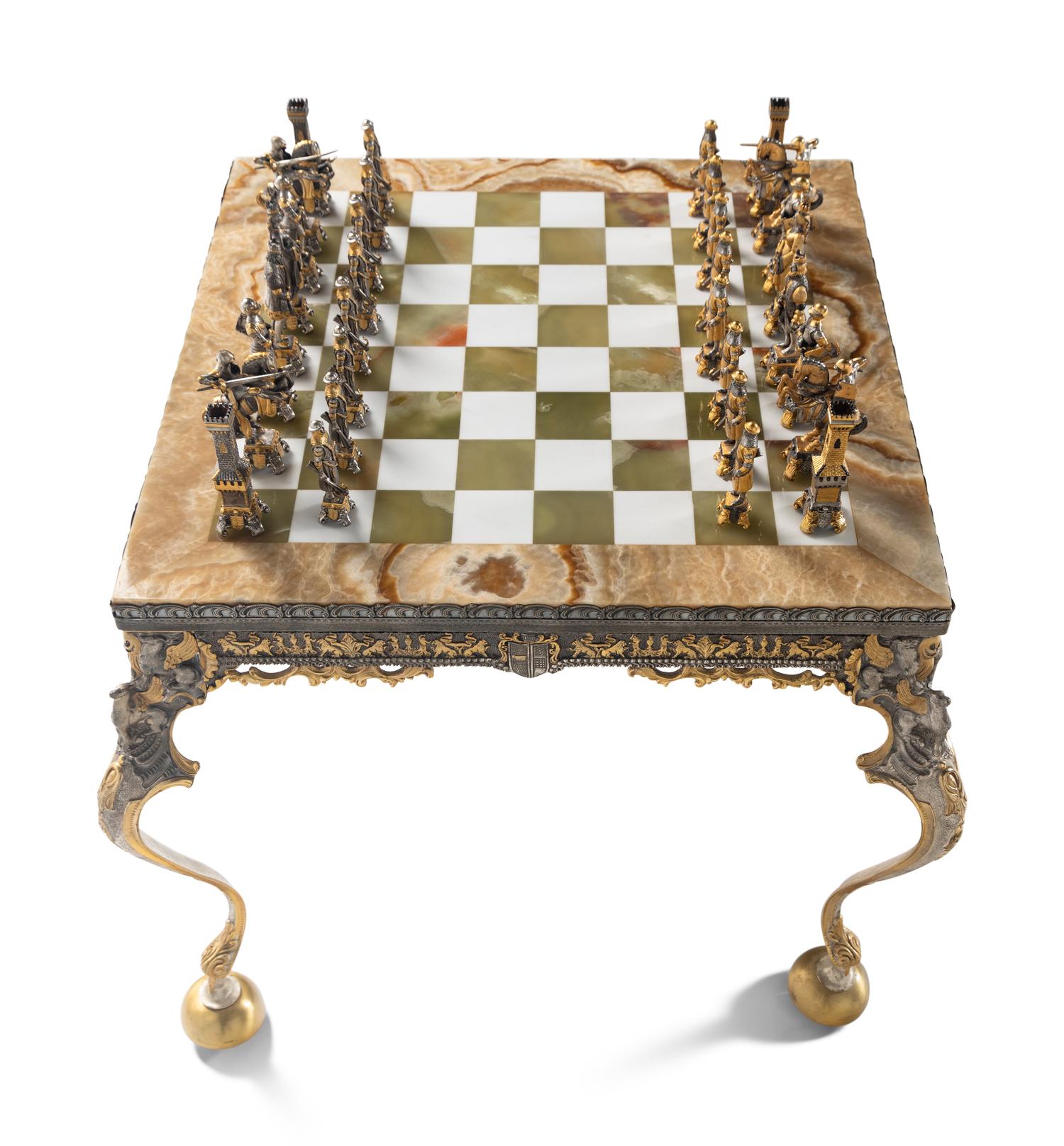 A Piero Benzoni Gilt Bronze, Silver-Plate and Onyx Chess Set