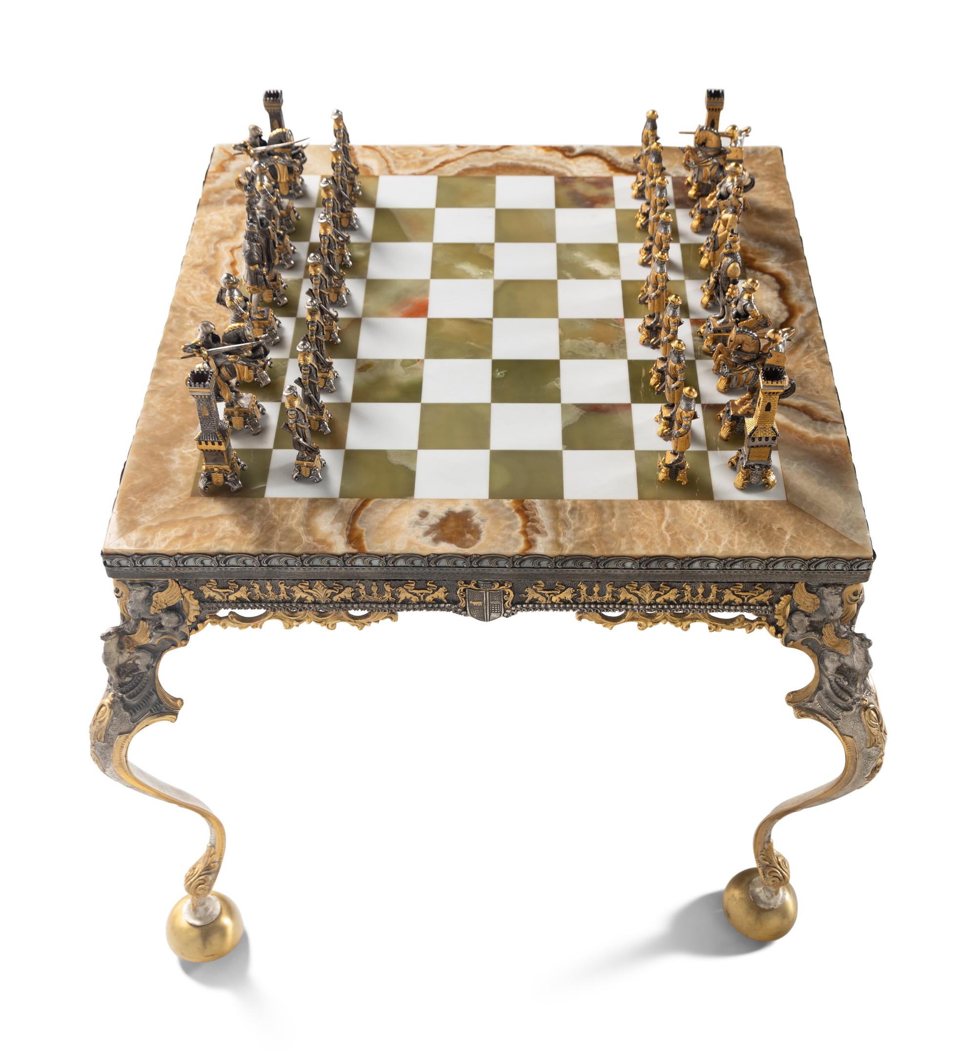 A Piero Benzoni Gilt Bronze, Silver-Plate and Onyx Chess Set
