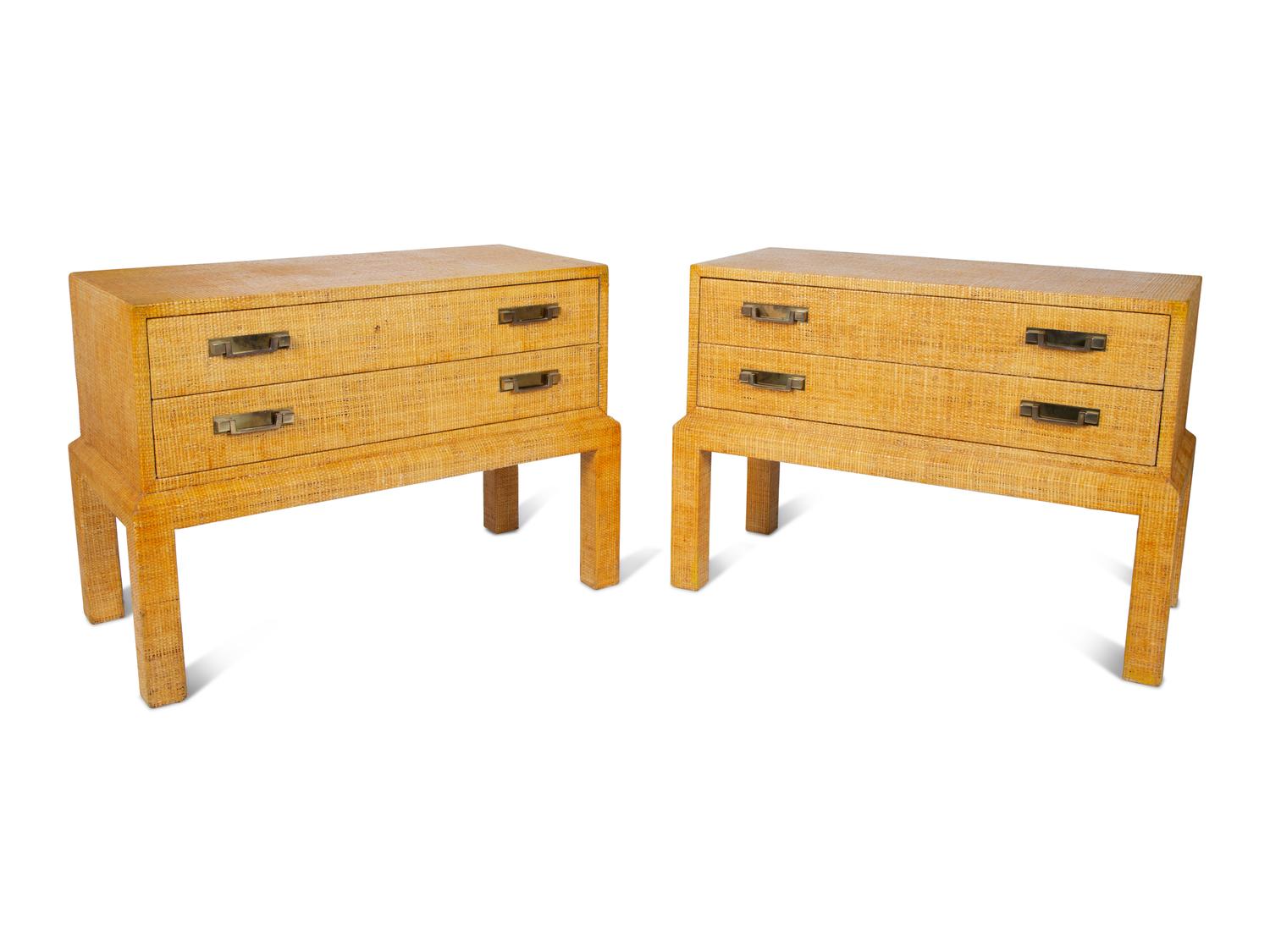 A Pair of Lacquered Raffia-Veneered Two-Drawer Side Tables