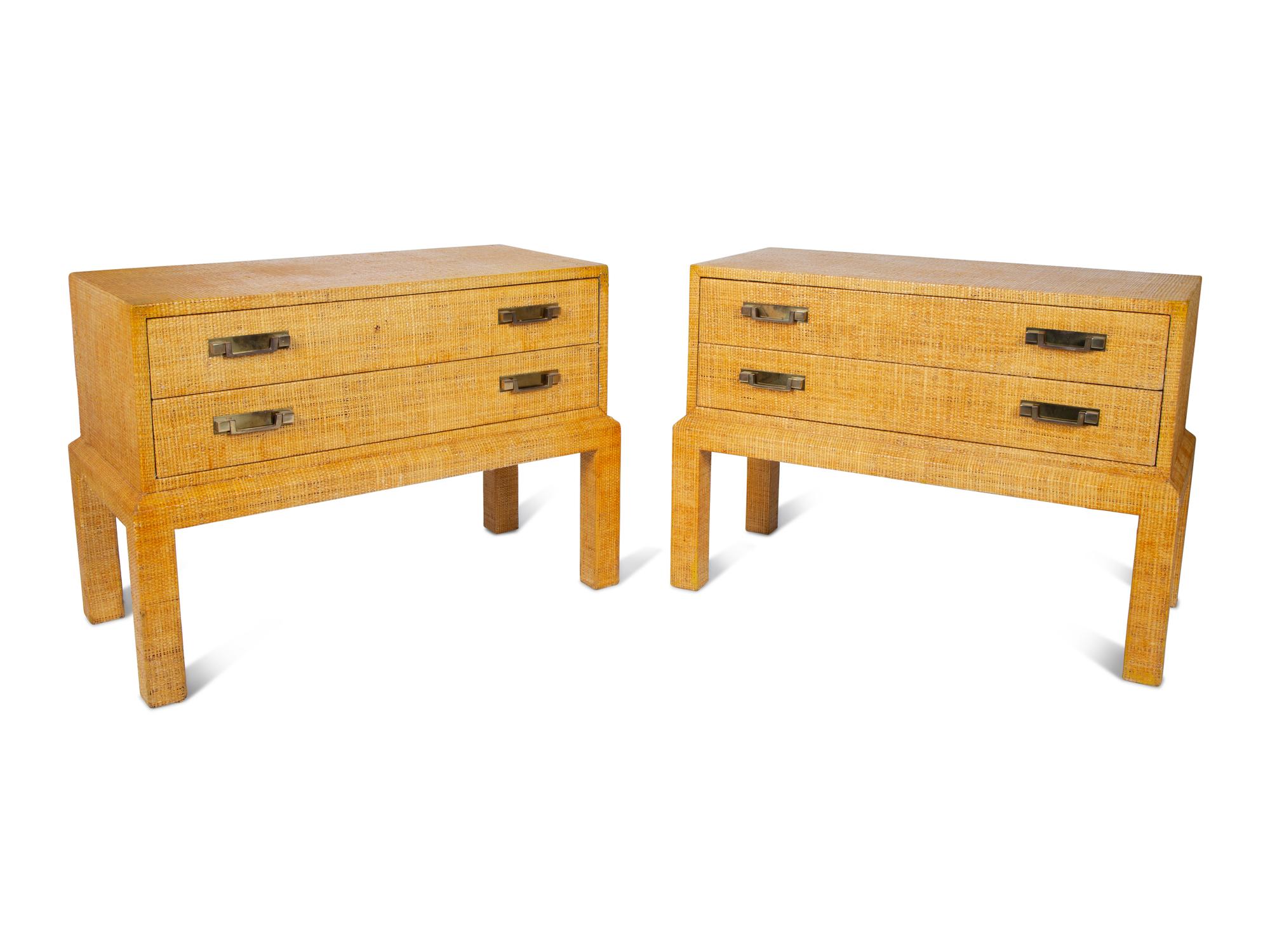 A Pair of Lacquered Raffia-Veneered Two-Drawer Side Tables