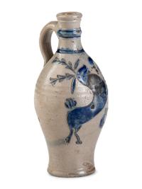 A Westerwald Cobalt Decorated Stoneware Flask with Stag