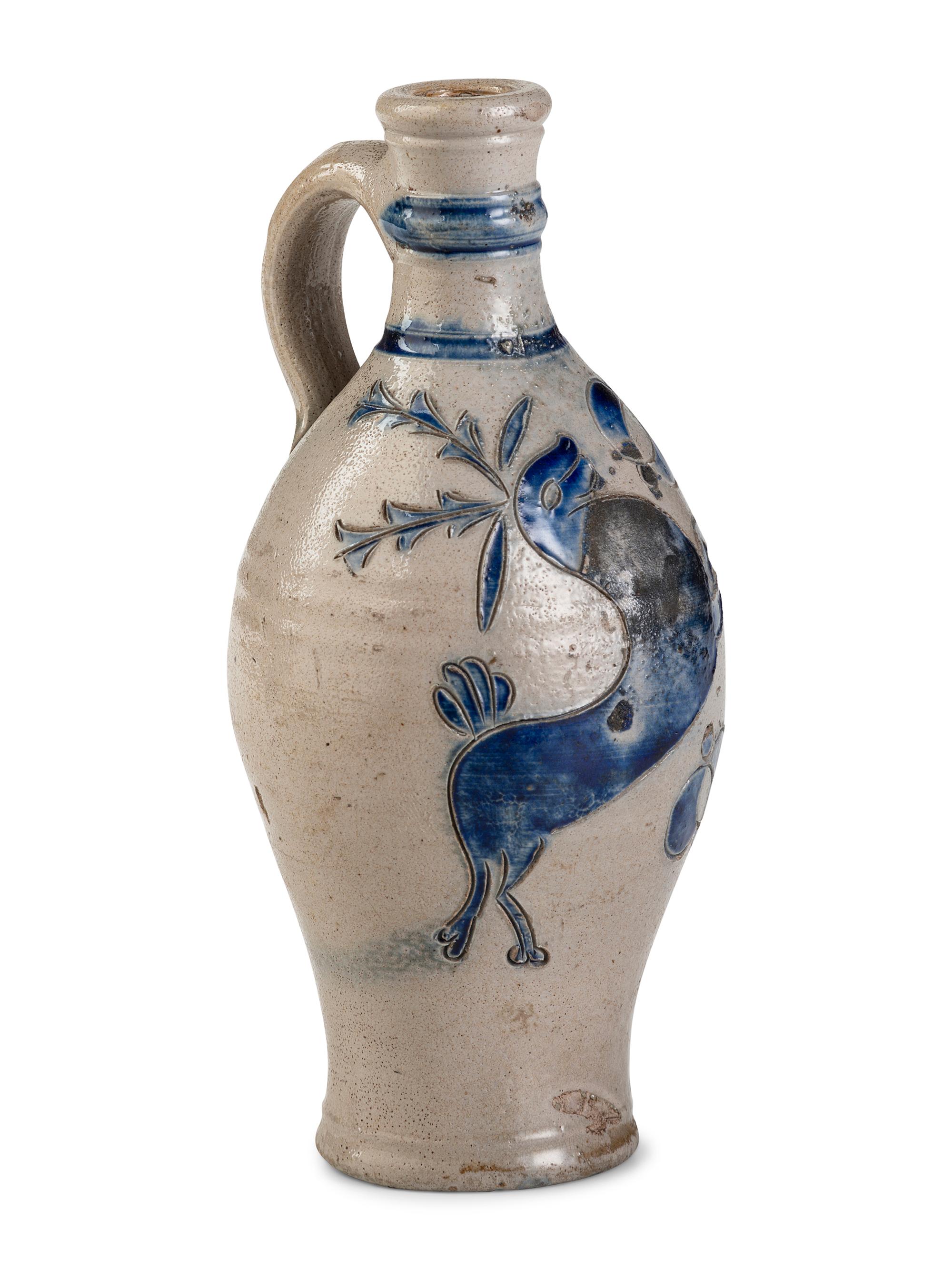 A Westerwald Cobalt Decorated Stoneware Flask with Stag