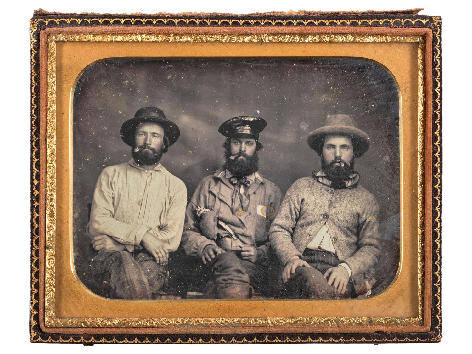 [WESTERN AMERICANA - MINING]. A half plate daguerreotype of three gold miners.