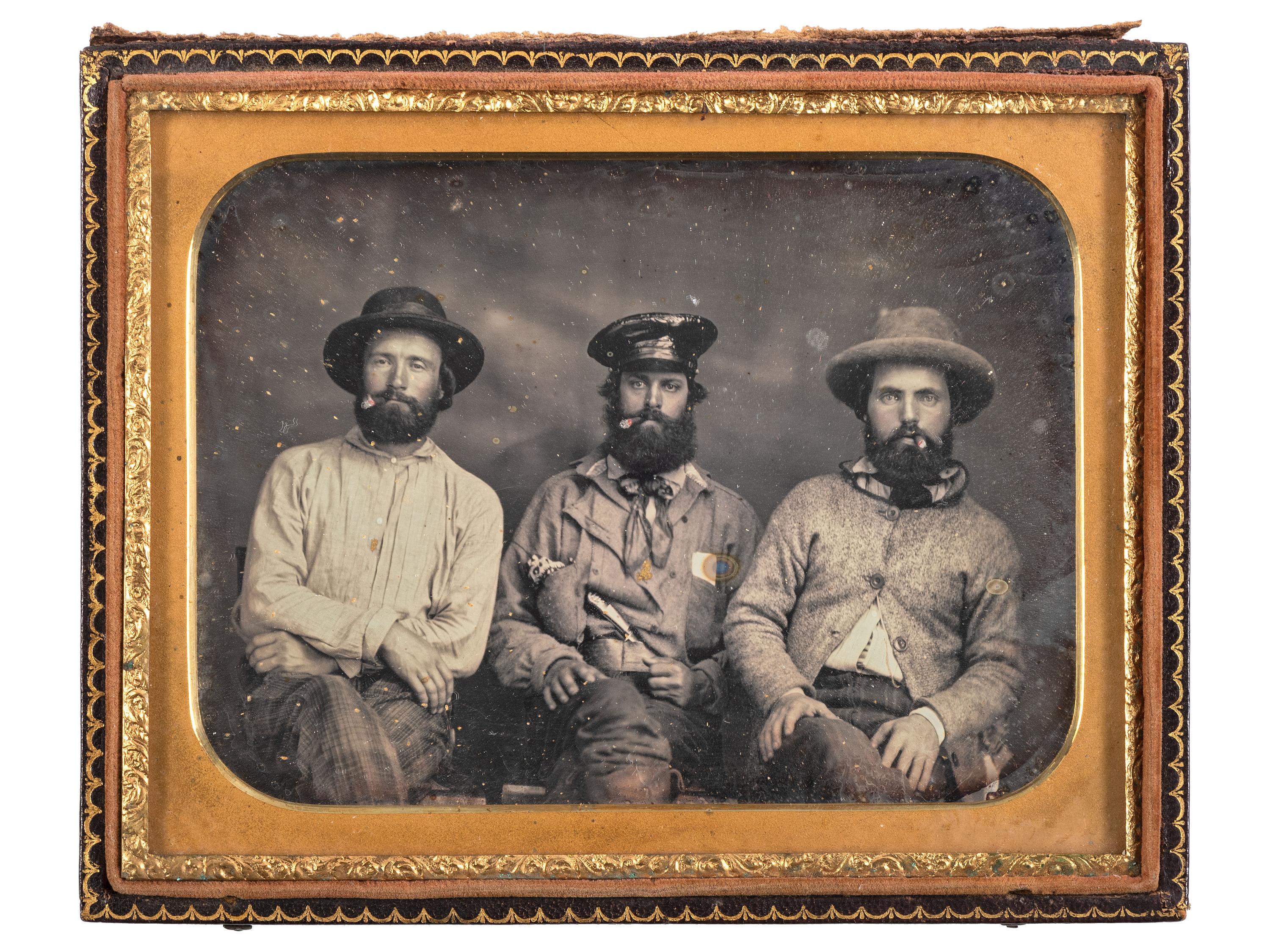 [WESTERN AMERICANA - MINING]. A half plate daguerreotype of three gold miners.