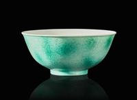 A Chinese incised porcelain faux-jadeite "Dragons" bowl, Tongzhi mark and of the period 龍紋瓷盌 同治款 清同治