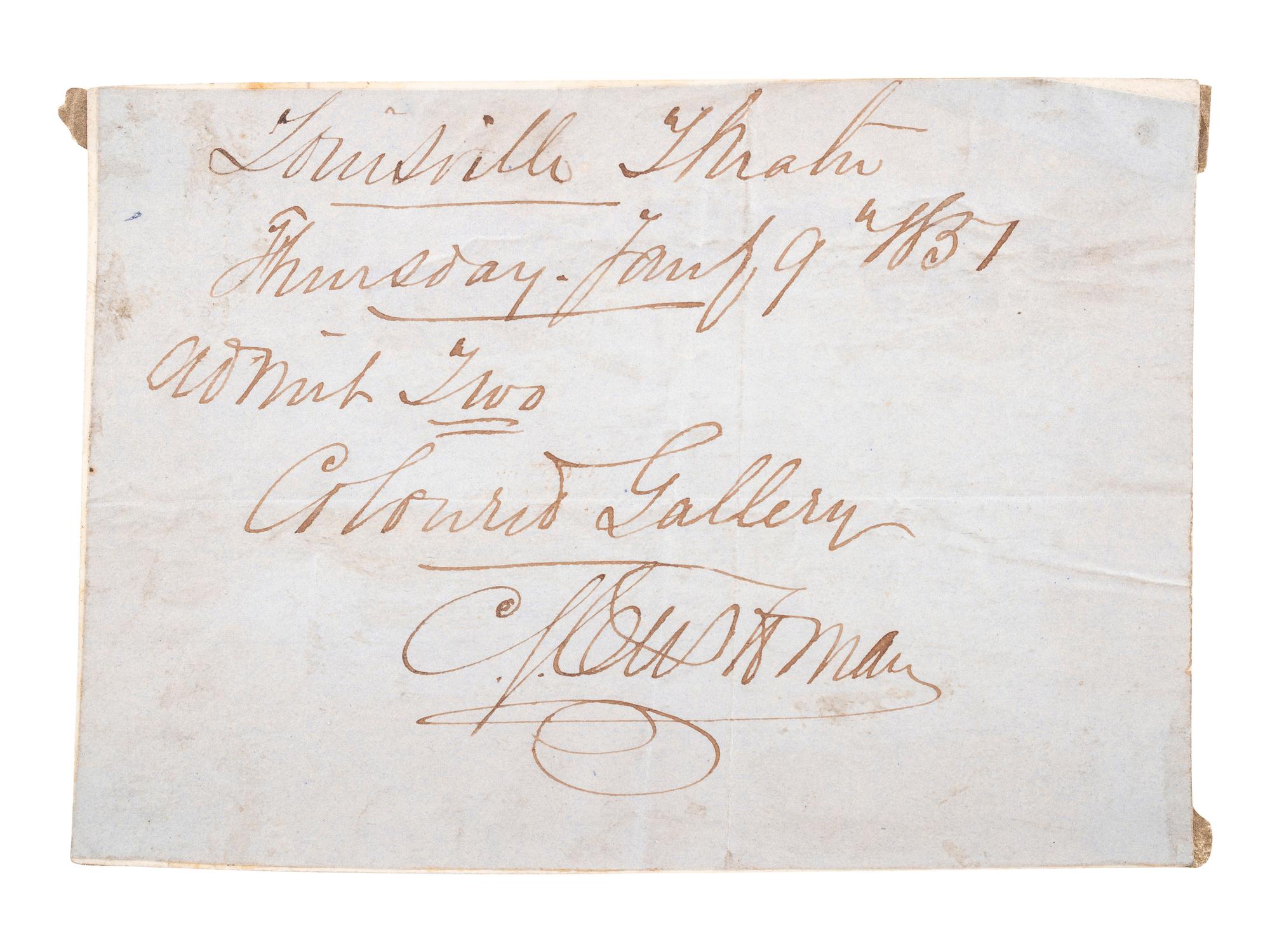 [SLAVERY & ABOLITION]. Ticket granting admittance for two into the Coloured Gallery of the Louisville Theatre. [Louisville, KY], 19 January 1837.