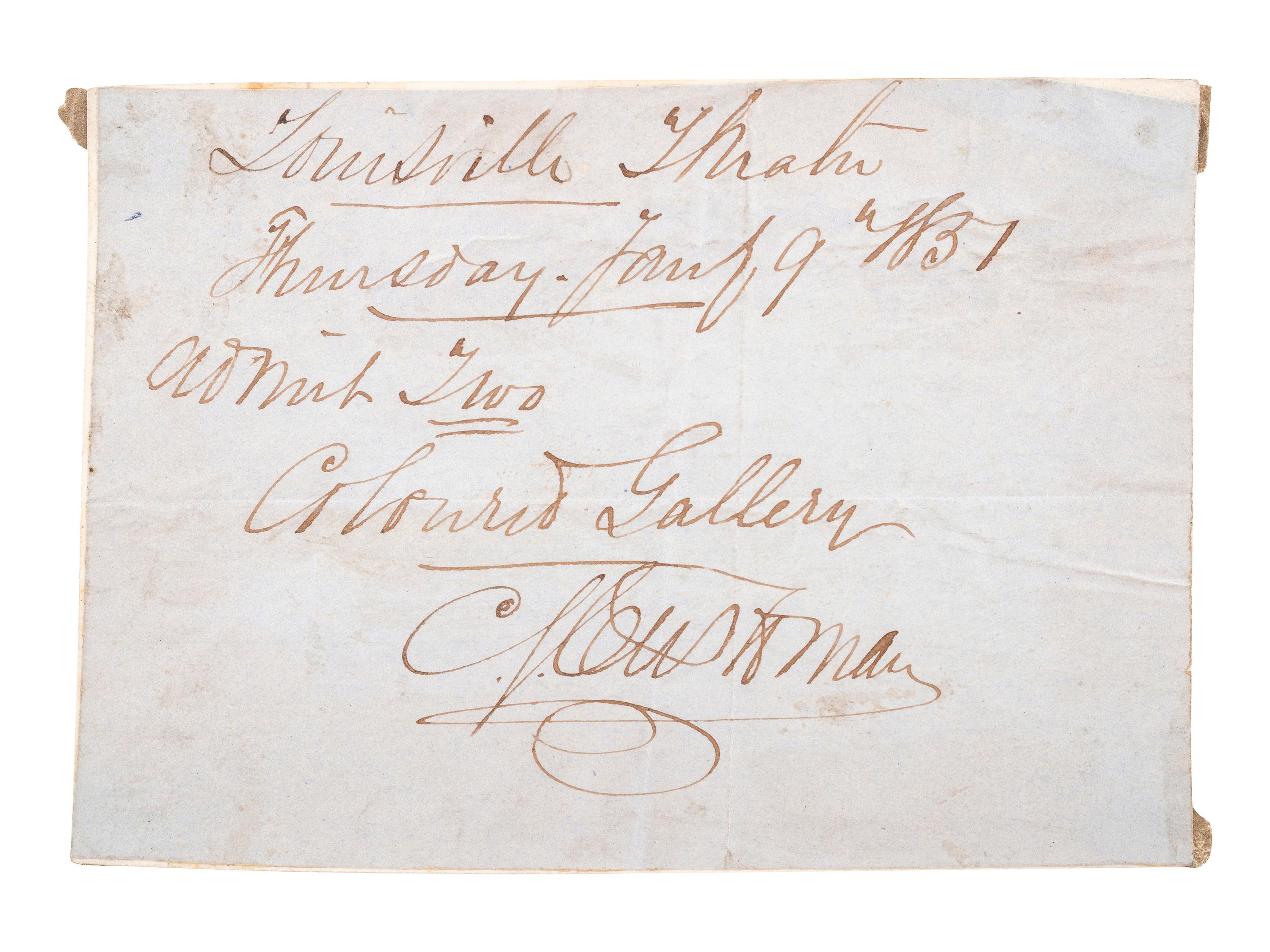 [SLAVERY & ABOLITION]. Ticket granting admittance for two into the Coloured Gallery of the Louisville Theatre. [Louisville, KY], 19 January 1837.
