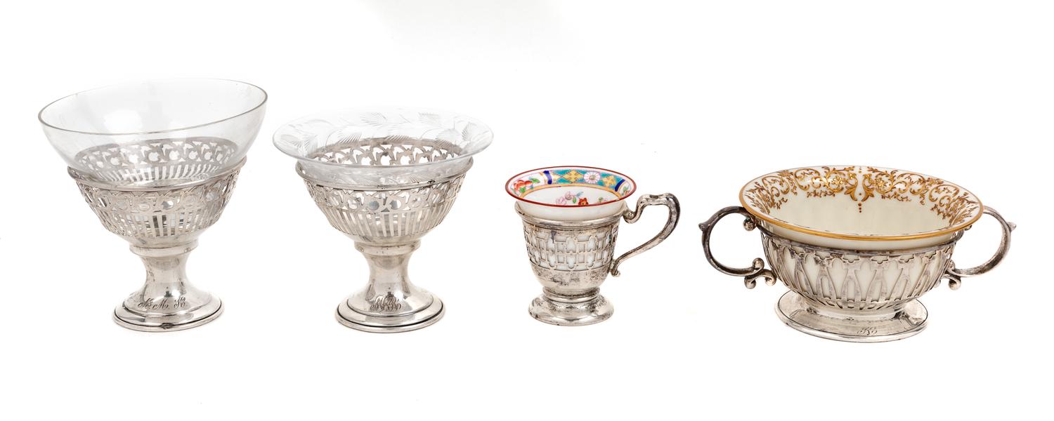 Three Sets of American Porcelain Bowl with Silver Holders