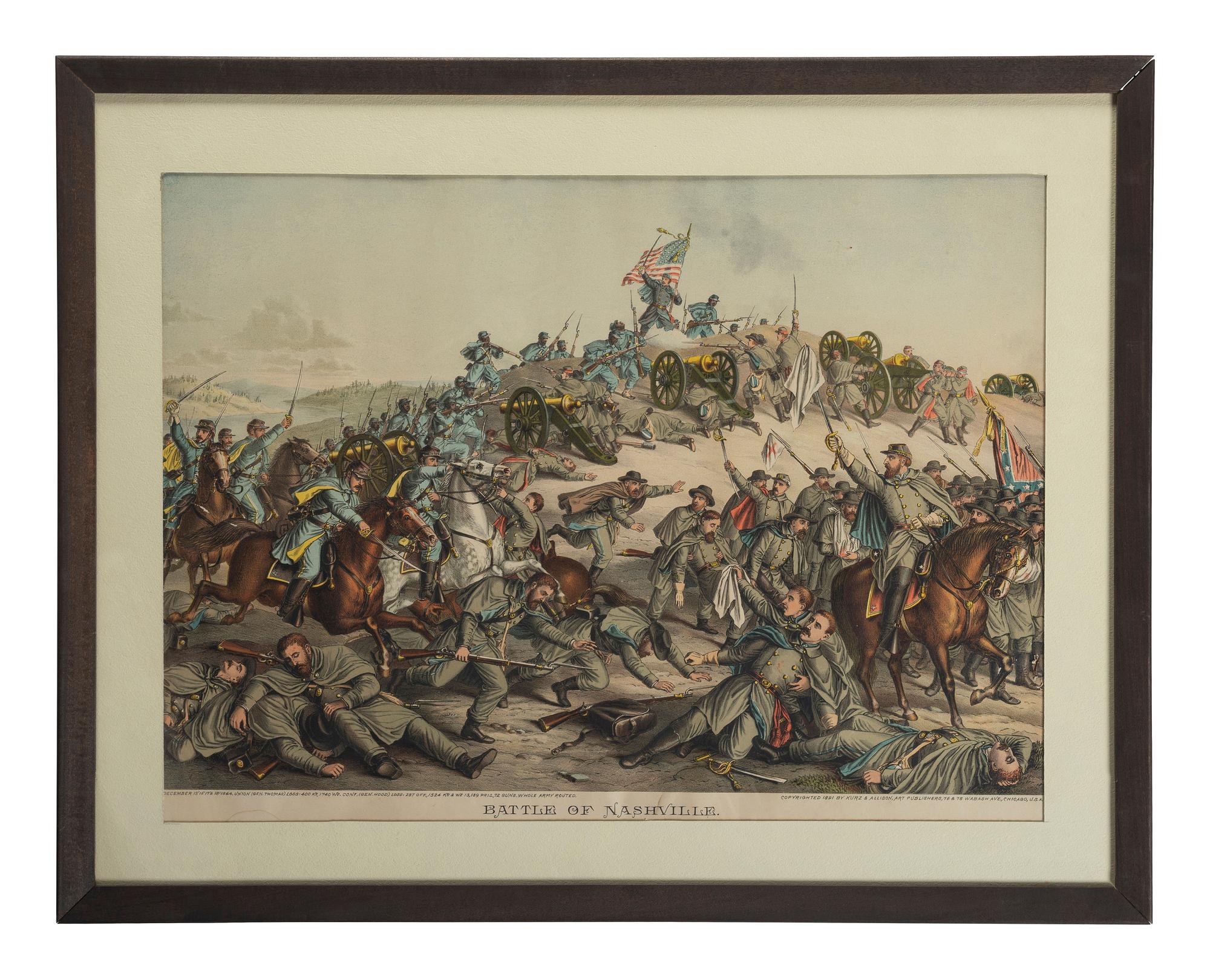 [CIVIL WAR]. KURZ & ALLISON, printers. A group of 2 Civil War prints, incl. Battles of Nashville and Vicksburg.
