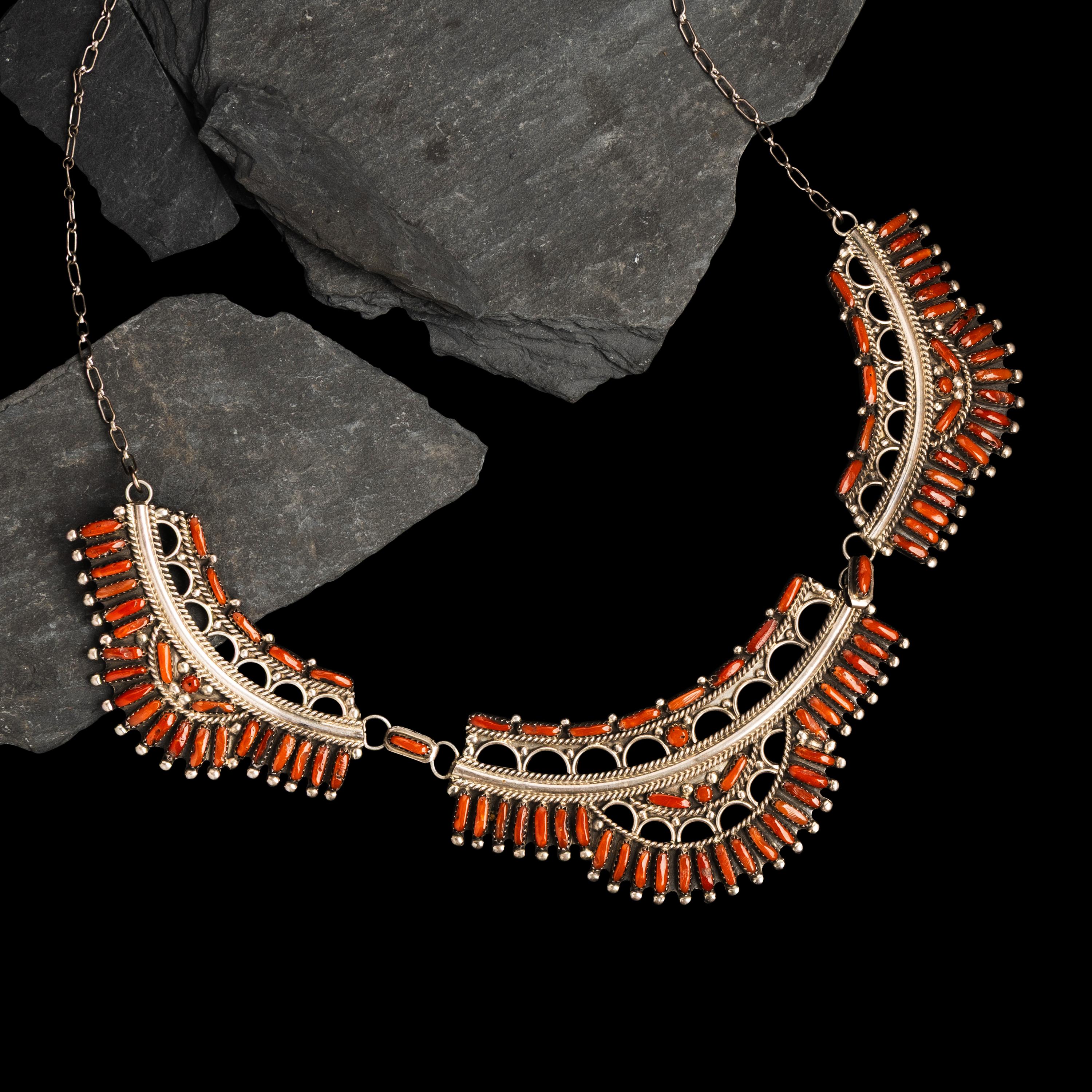 Larry Moses Begay (Diné, 20th century) — Silver and Petit Point Coral Necklace