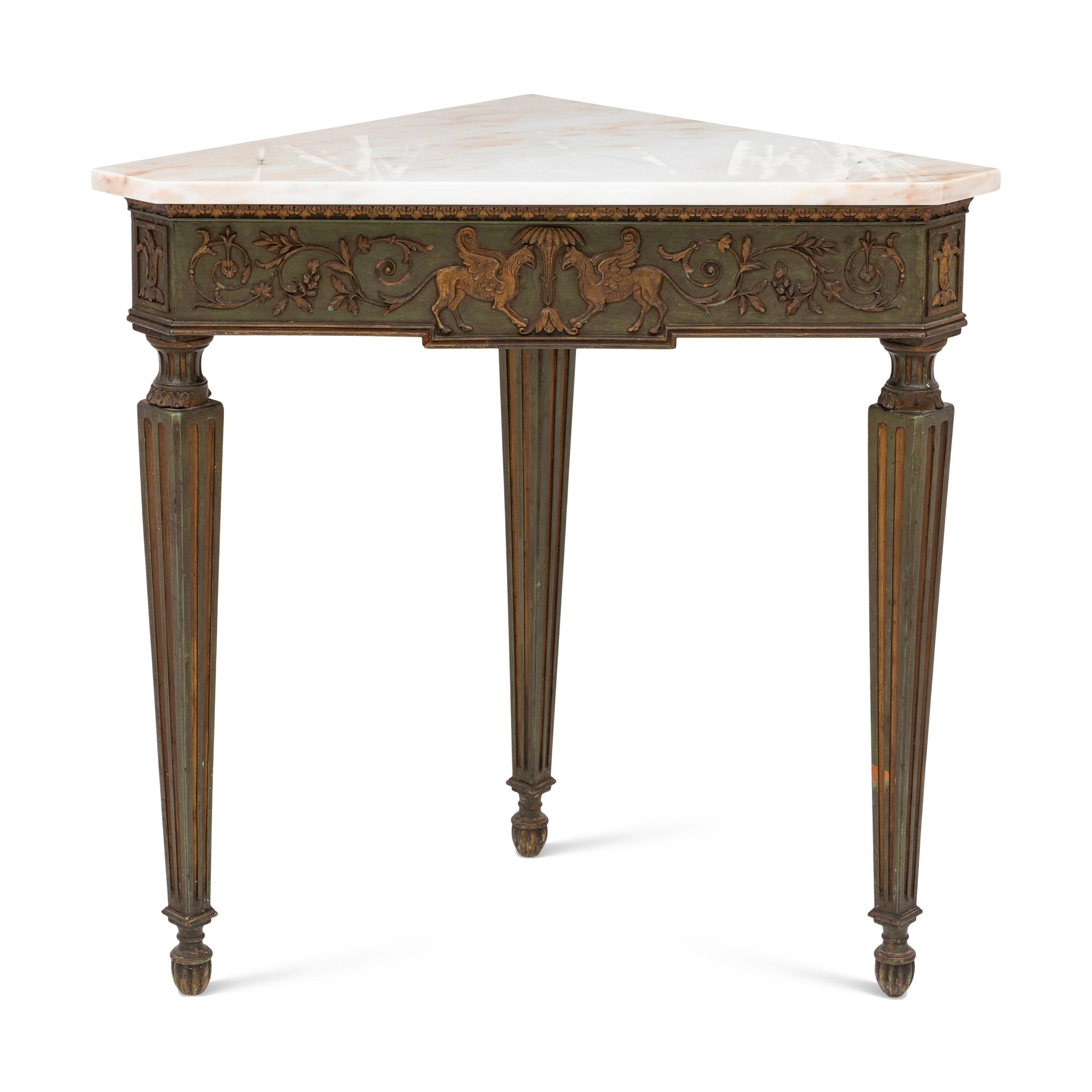 A Neoclassical Painted and Parcel-Gilt Corner Table with Marble Top