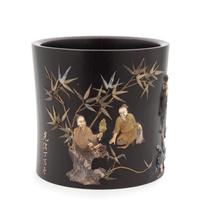 A Hardstone Embellished Zitan Wood Brushpot Height 8 1/4 inches.