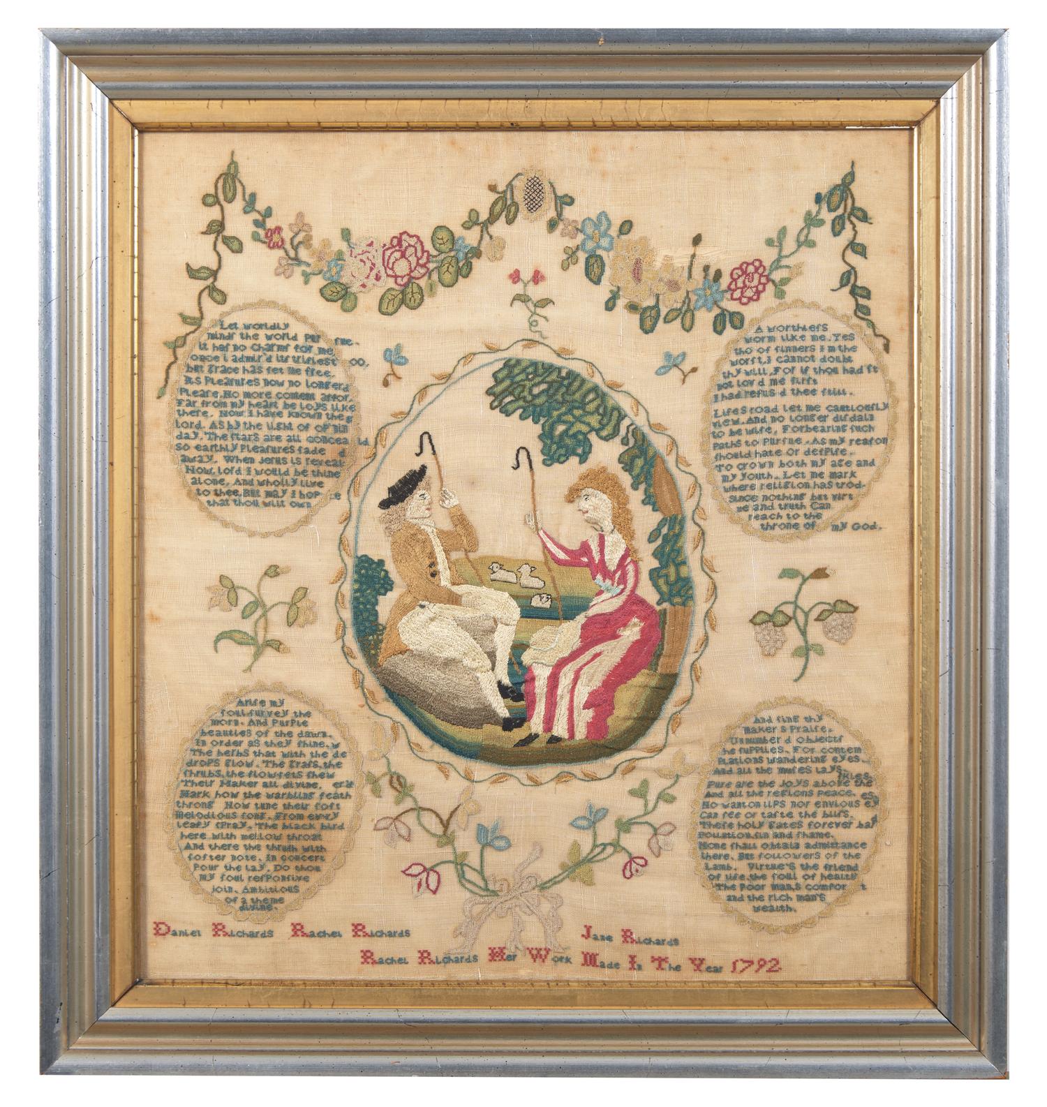 A Rare Needlework Sampler by Rachel Richards, Attributed to Ann Marsh School, Philadelphia, PA, Dated "1792"