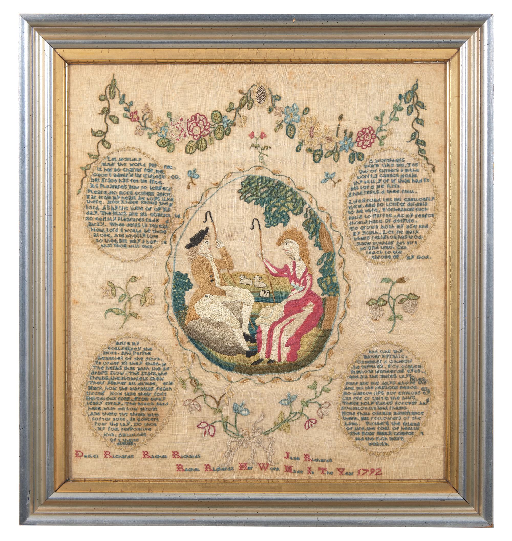 A Rare Needlework Sampler by Rachel Richards, Attributed to Ann Marsh School, Philadelphia, PA, Dated "1792"