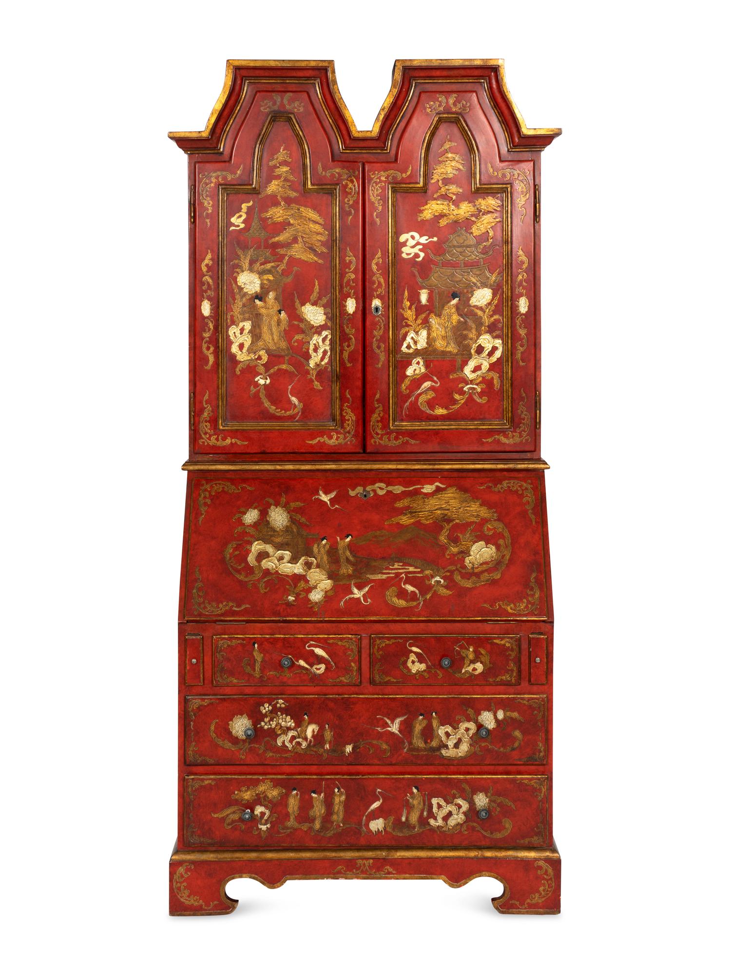 A George III Style Red and Gilt-Japanned Bureau Cabinet