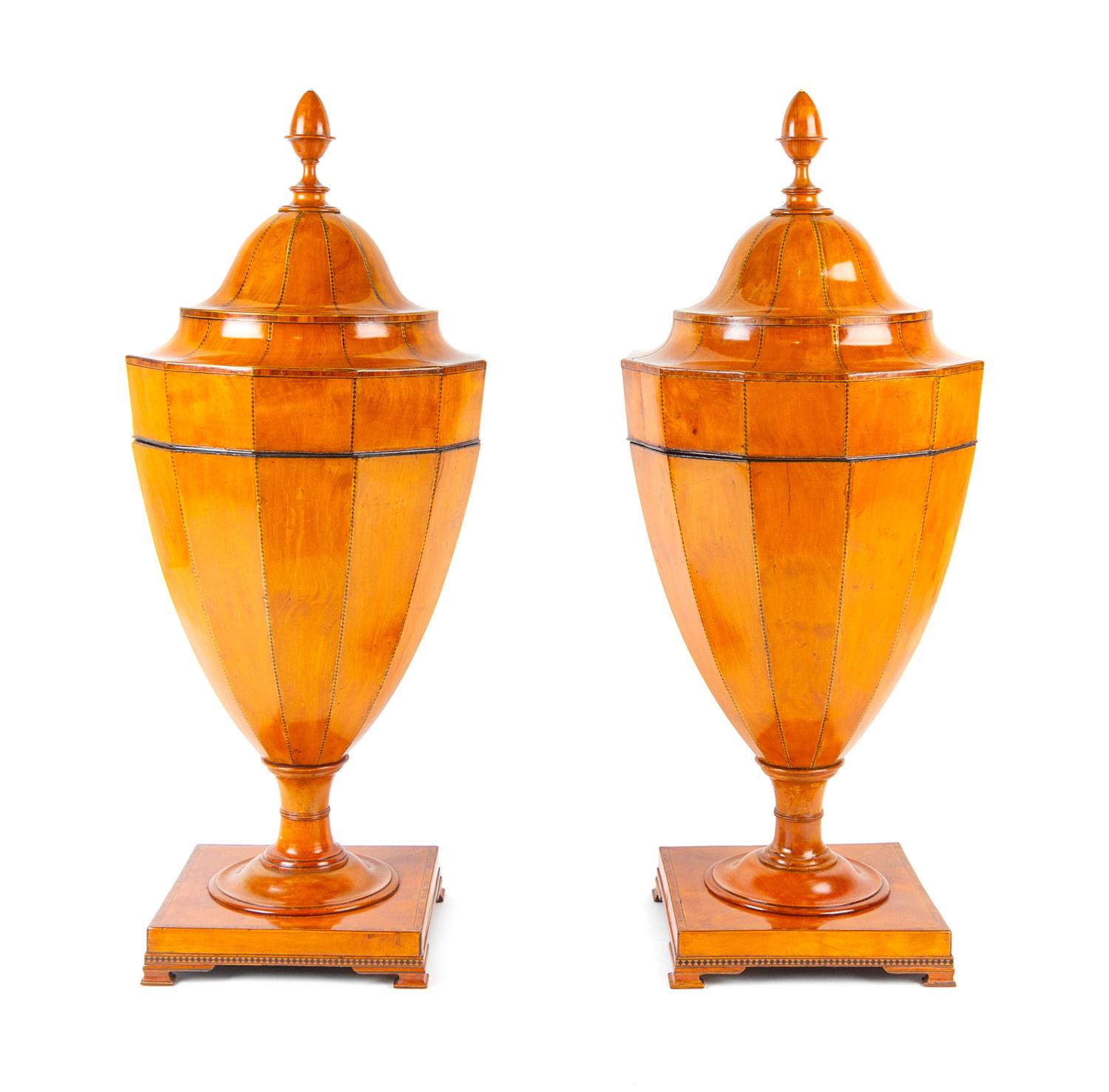 A Pair of George III Satinwood Cutlery Urns Height 28 inches. — CIRCA 1800