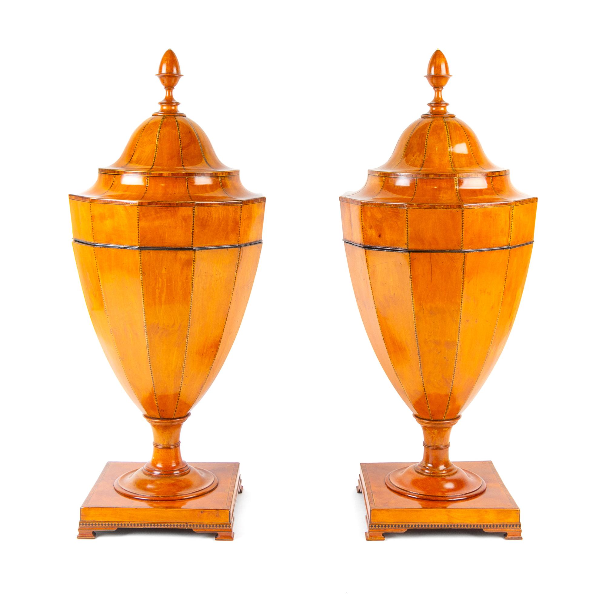 A Pair of George III Satinwood Cutlery Urns Height 28 inches. — CIRCA 1800