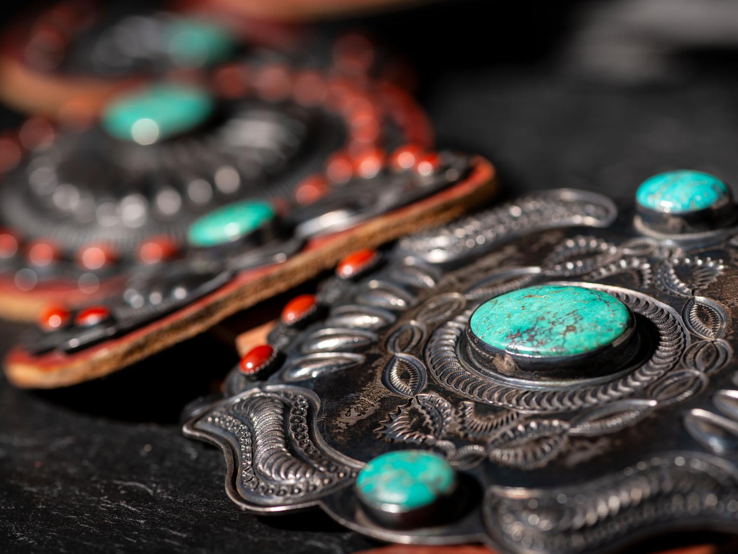 Large Sterling Silver, Turquoise, and Coral Cluster Concha Belt