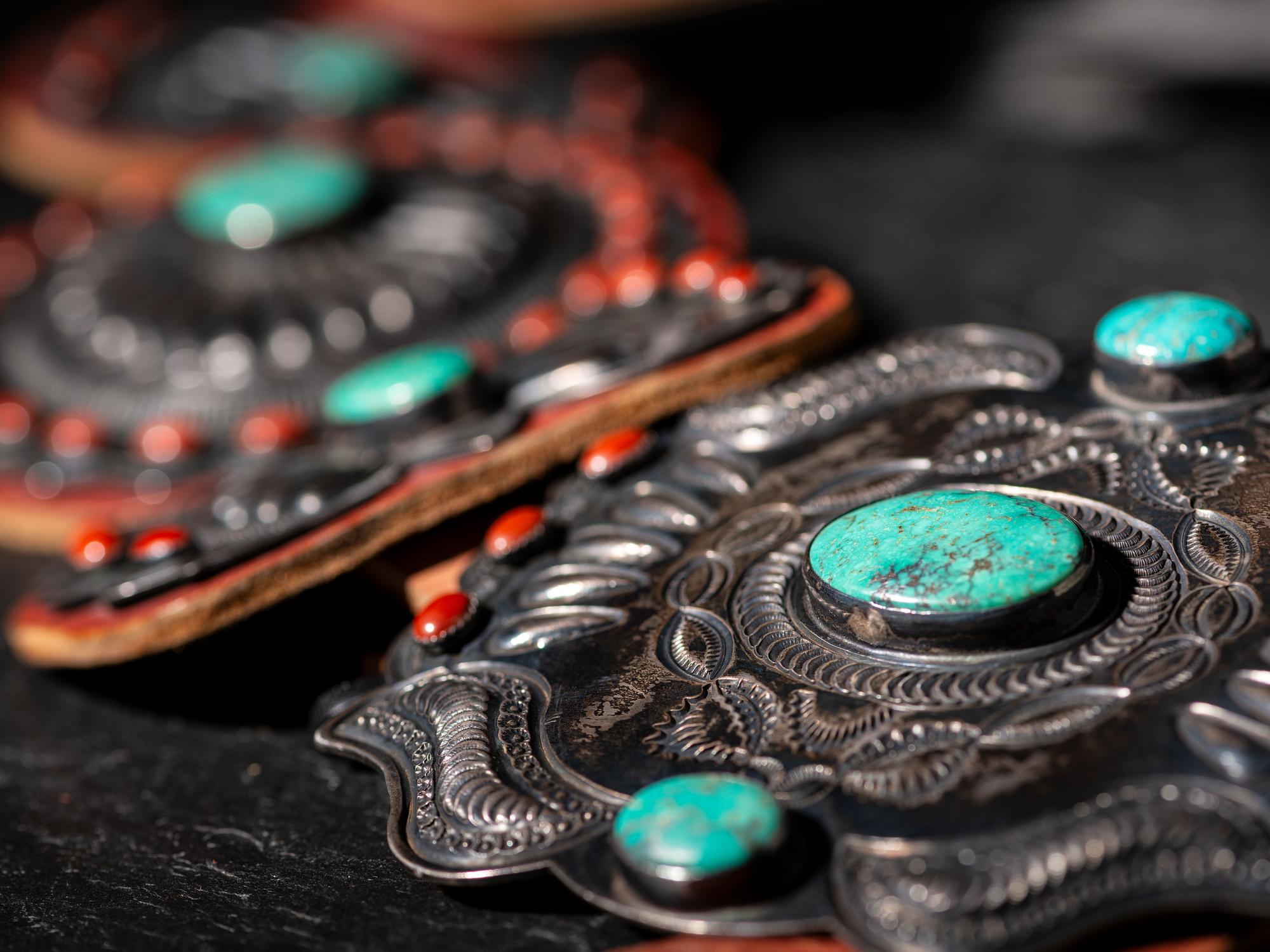 Large Sterling Silver, Turquoise, and Coral Cluster Concha Belt