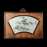 A Chinese Qianjiang Enameled 'Bamboo and Rock' Porcelain Plaque Inset Hardwood Panel, Dated 1921 民國辛酉（1921）淺絳彩竹石圖瓷挂屏