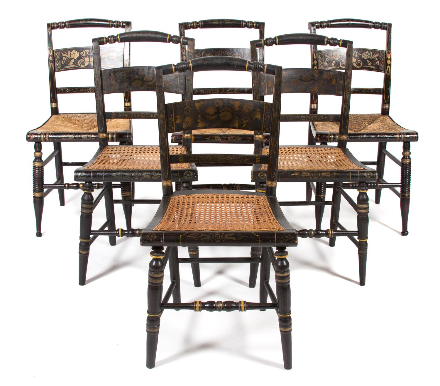 Six American Black and Gilt Stenciled Hitchcock Side Chairs Height 34 1/2 inches. — 19TH CENTURY