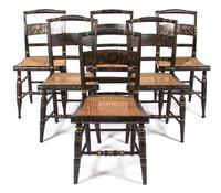 Six American Black and Gilt Stenciled Hitchcock Side Chairs Height 34 1/2 inches. — 19TH CENTURY
