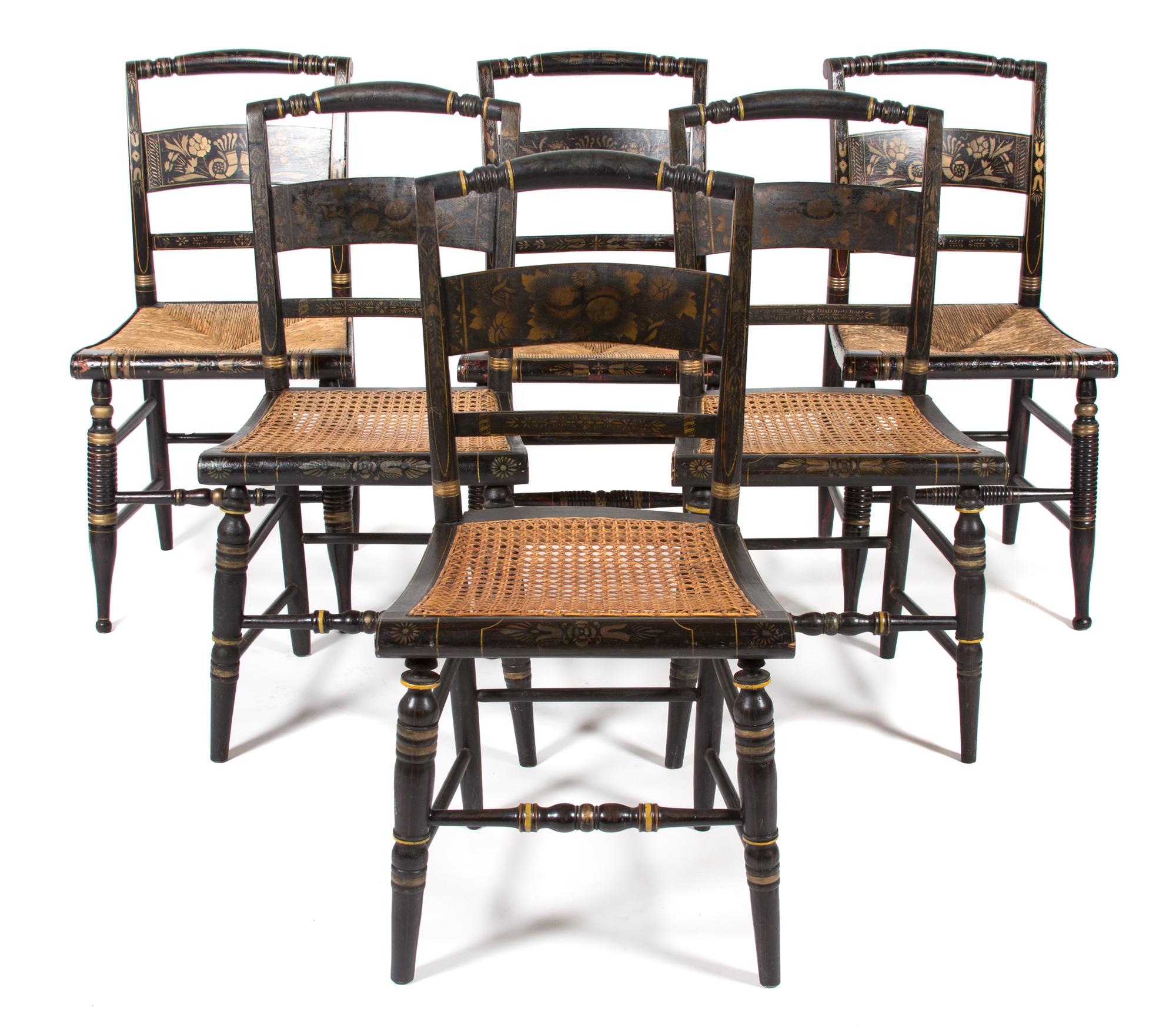 Six American Black and Gilt Stenciled Hitchcock Side Chairs Height 34 1/2 inches. — 19TH CENTURY