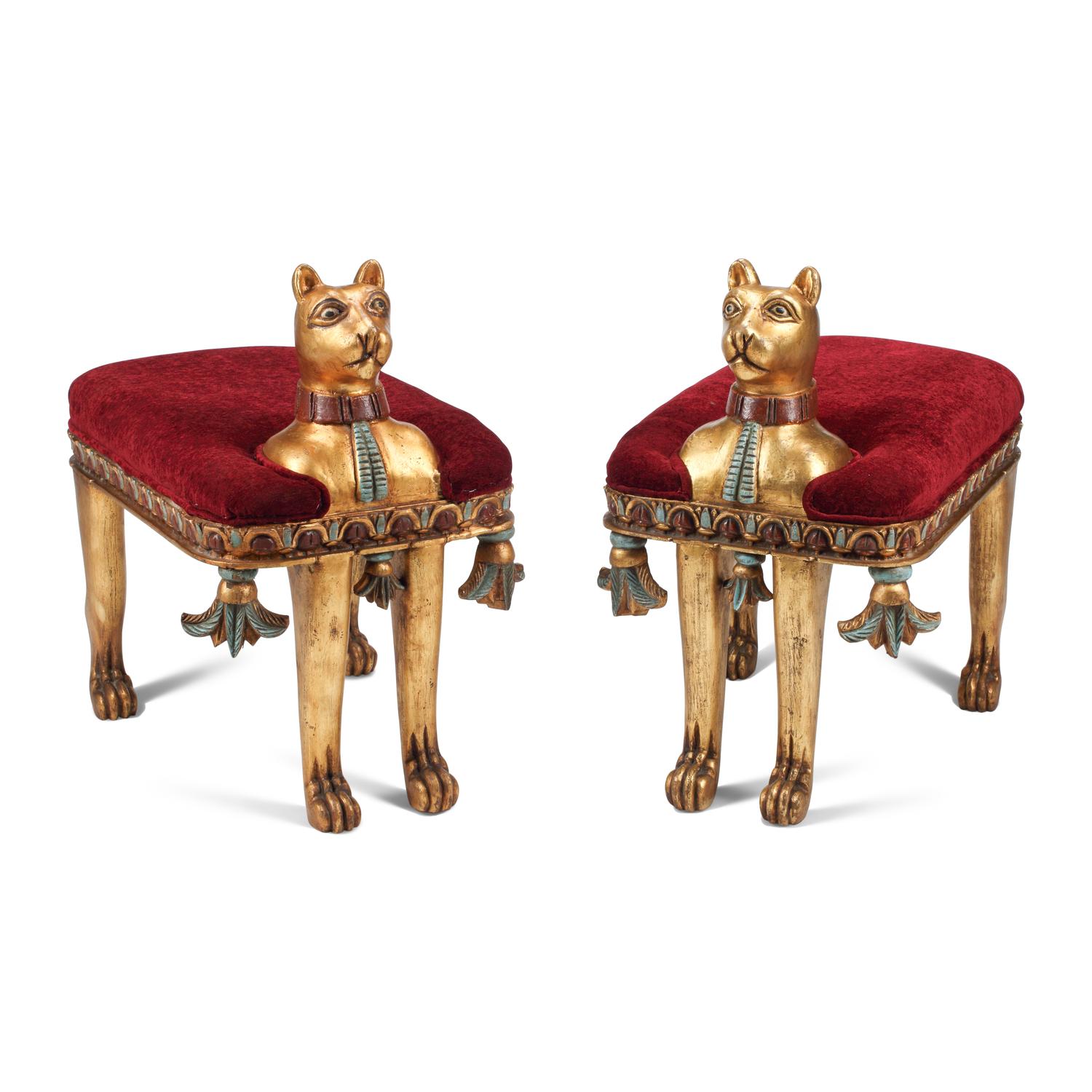 A Pair of Egyptian Style Painted and Gilt Benches