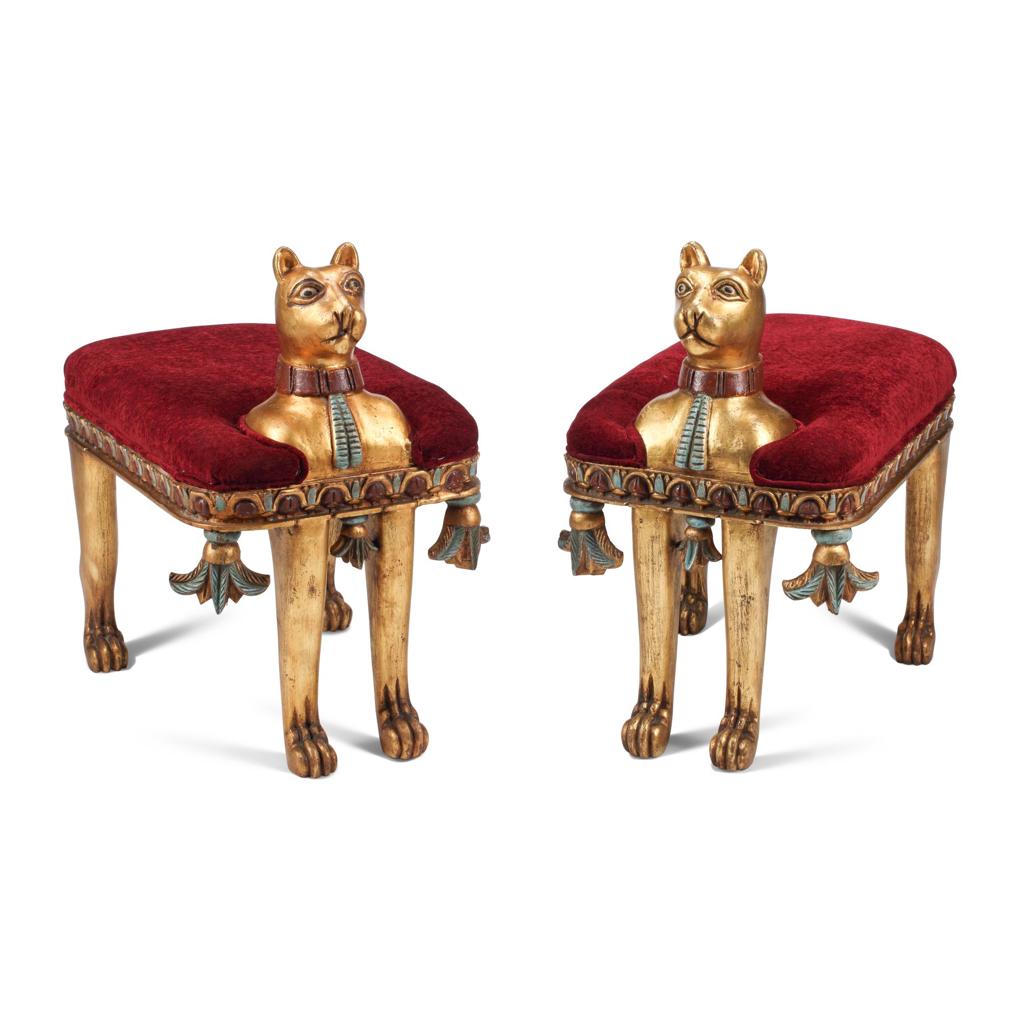 A Pair of Egyptian Style Painted and Gilt Benches