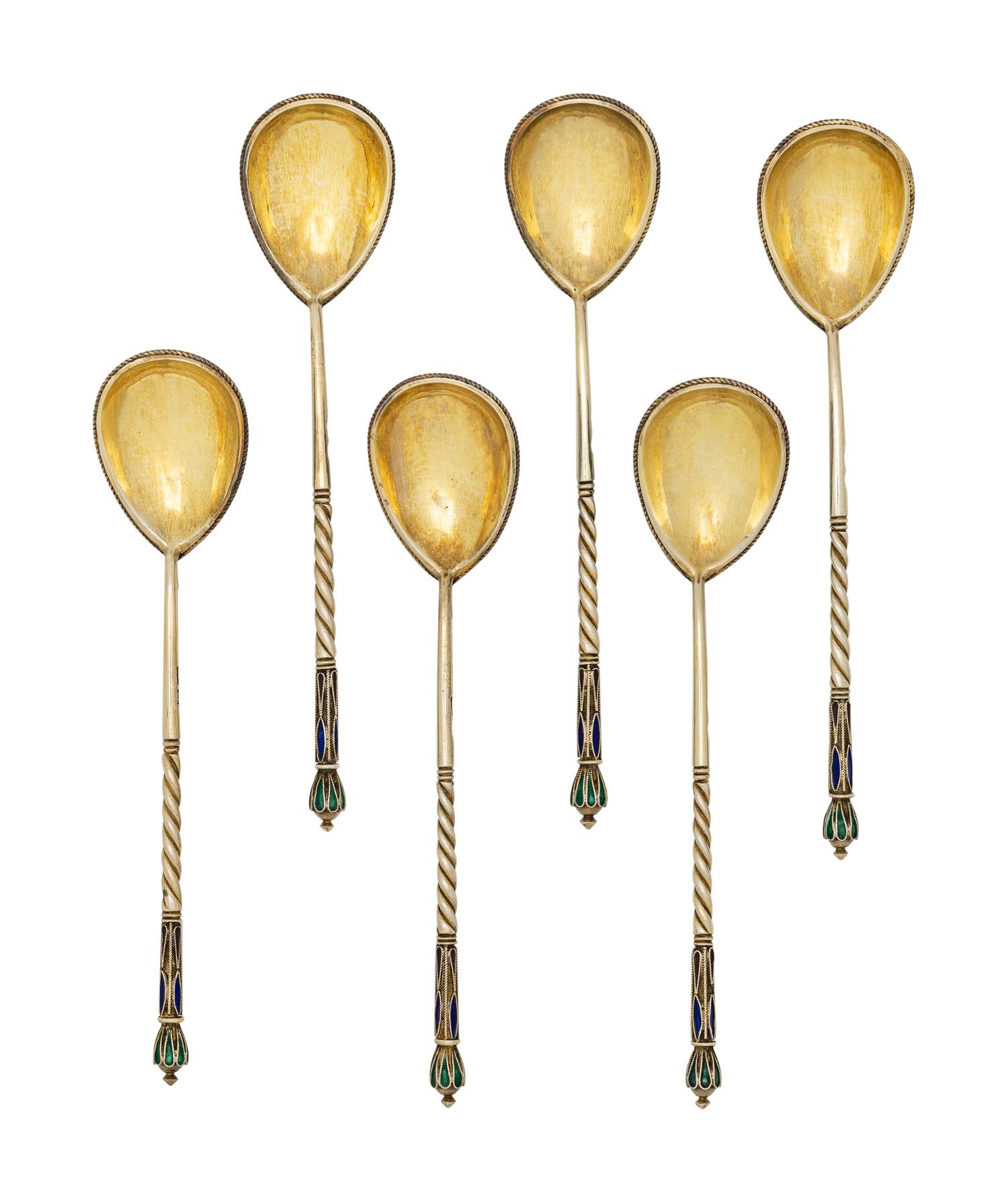 A Cased Set of Six Russian Enameled Silver Spoons