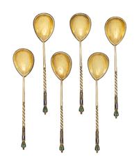 A Cased Set of Six Russian Enameled Silver Spoons