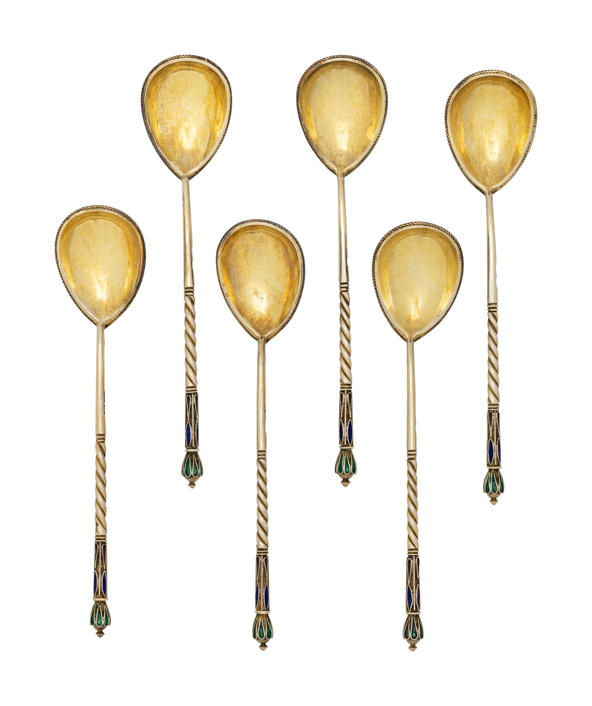 A Cased Set of Six Russian Enameled Silver Spoons