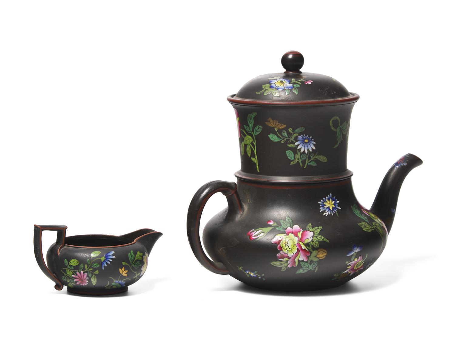 A Wedgwood Capriware Black Basalt Teapot with Strainer and Creamer