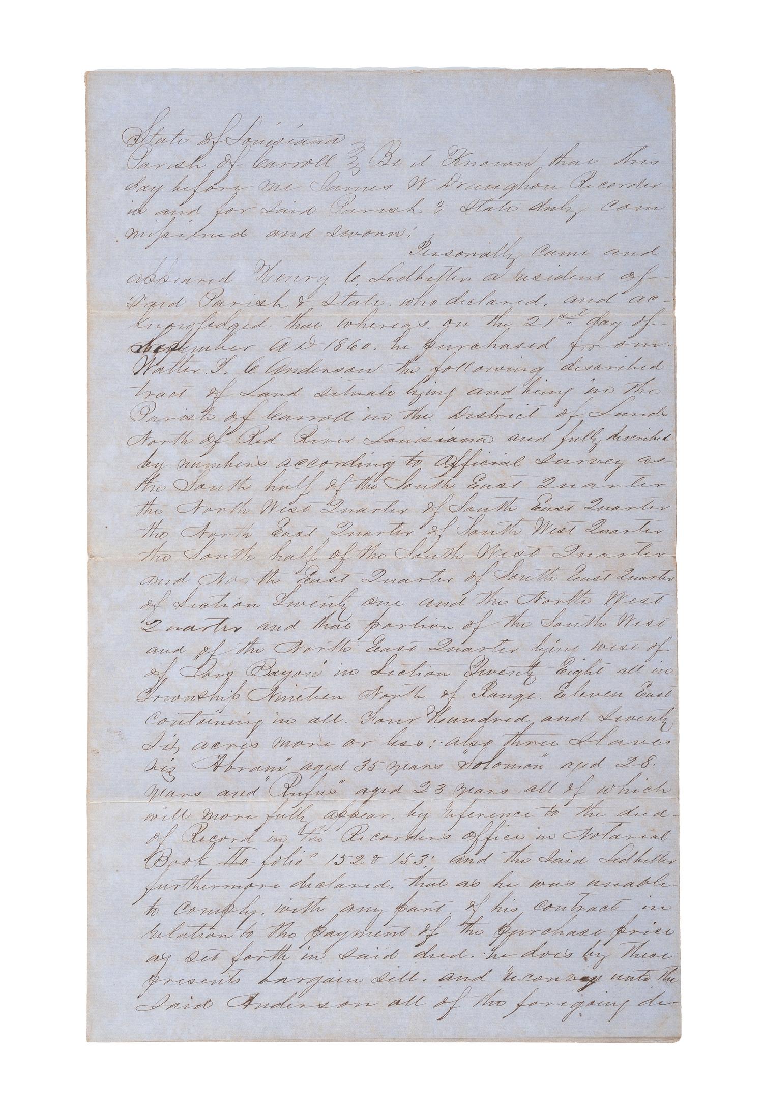 [SLAVERY & ABOLITION]. Manuscript bill of sale for enslaved men Abram, Solomon, and Rufus. Carroll Parish, LA, 18 February 1861.