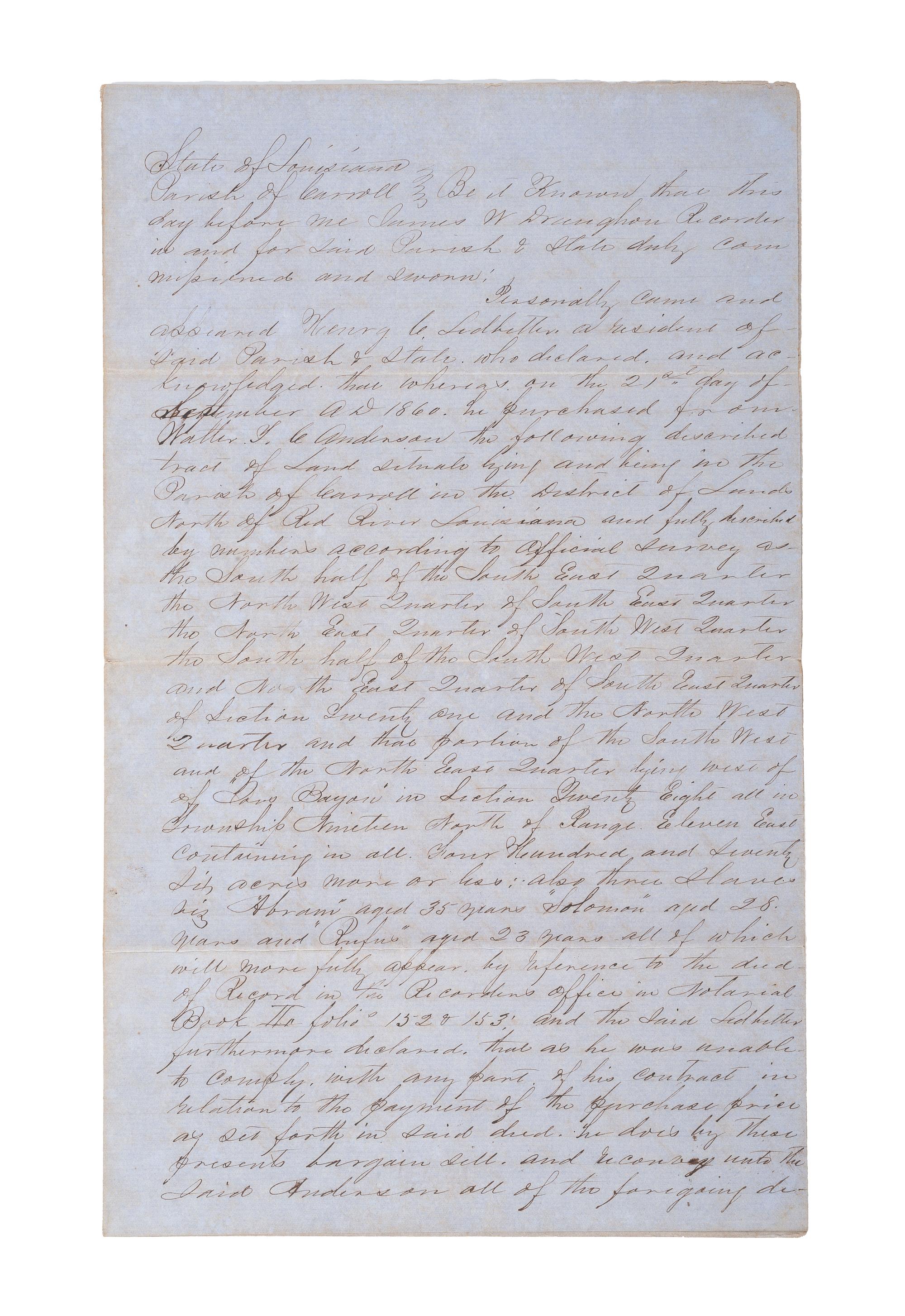 [SLAVERY & ABOLITION]. Manuscript bill of sale for enslaved men Abram, Solomon, and Rufus. Carroll Parish, LA, 18 February 1861.