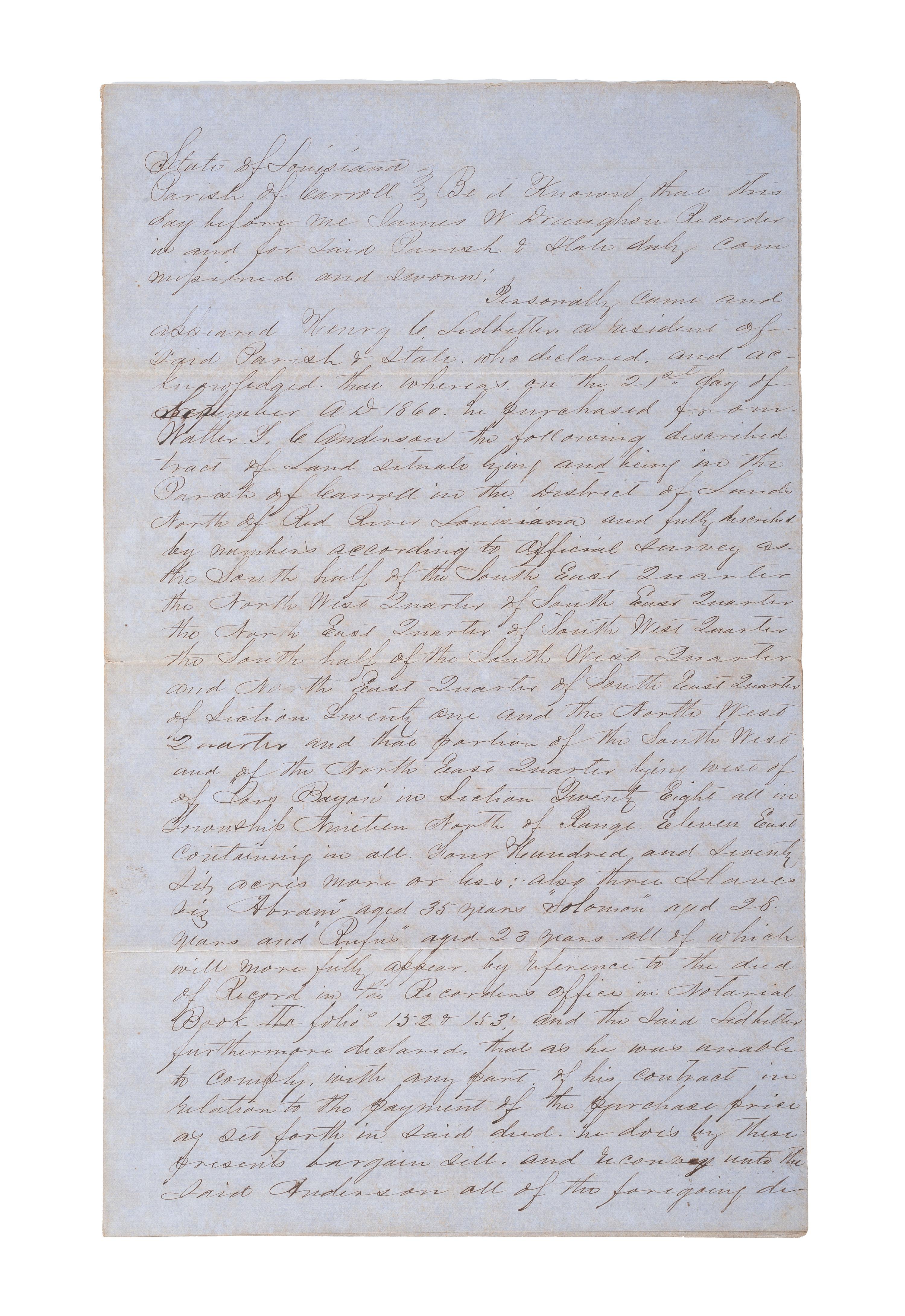 [SLAVERY & ABOLITION]. Manuscript bill of sale for enslaved men Abram, Solomon, and Rufus. Carroll Parish, LA, 18 February 1861.