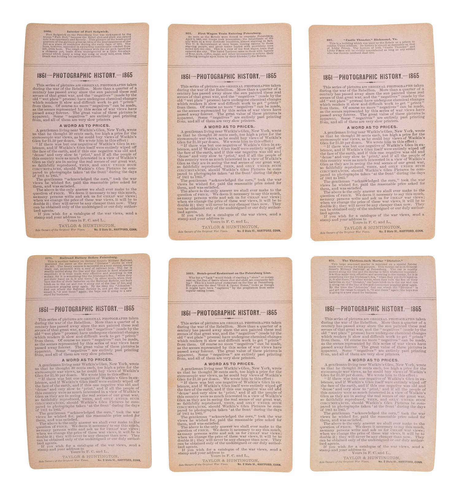 [CIVIL WAR]. A group of 24 stereoviews featuring scenes around Virginia including artillery, fortifications, Confederate prisons, and other subjects. Hartford, CT: Taylor & Huntington, ca 1890s.