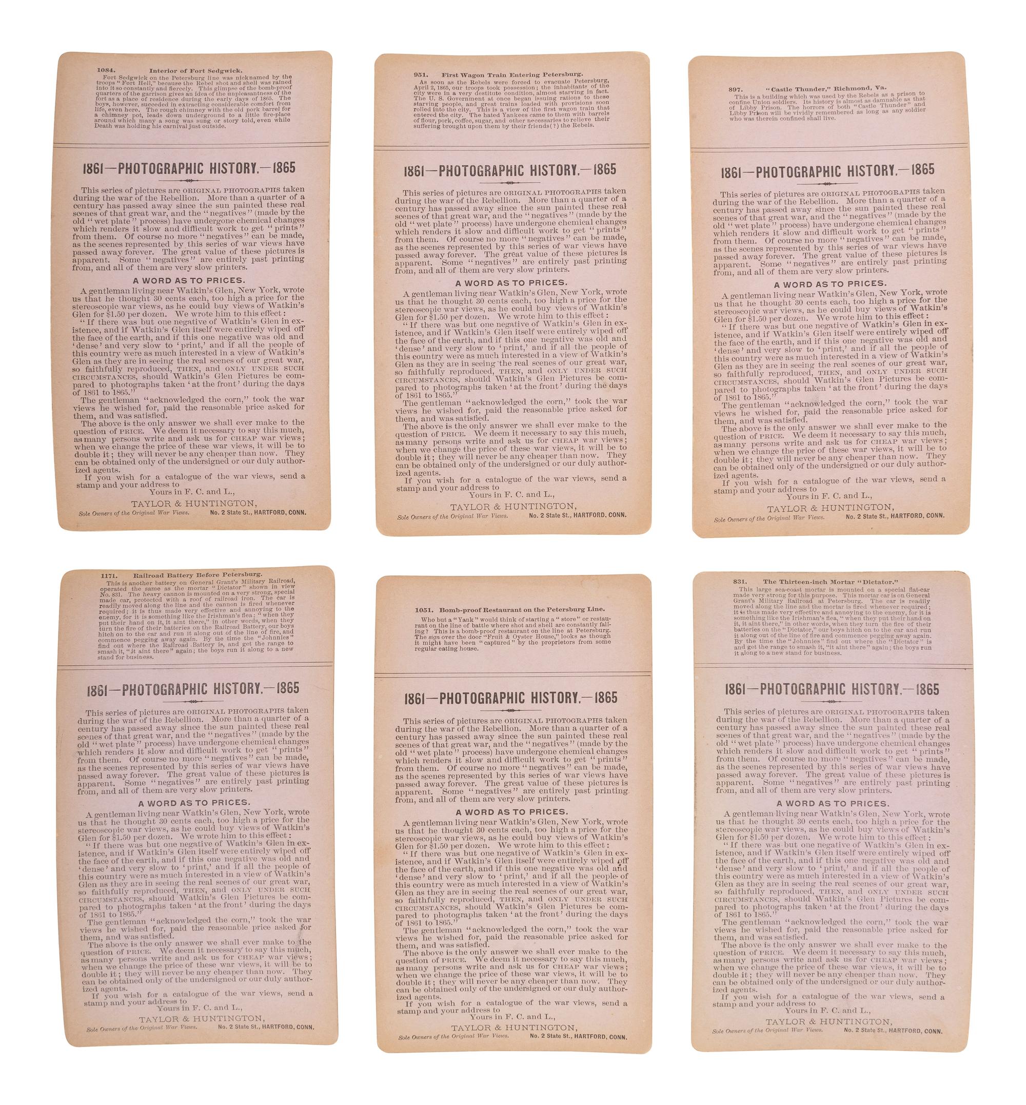 [CIVIL WAR]. A group of 24 stereoviews featuring scenes around Virginia including artillery, fortifications, Confederate prisons, and other subjects. Hartford, CT: Taylor & Huntington, ca 1890s.