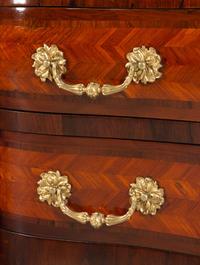 A Régence Style Gilt Bronze Mounted Parquetry Marble-Top Bombe Commode