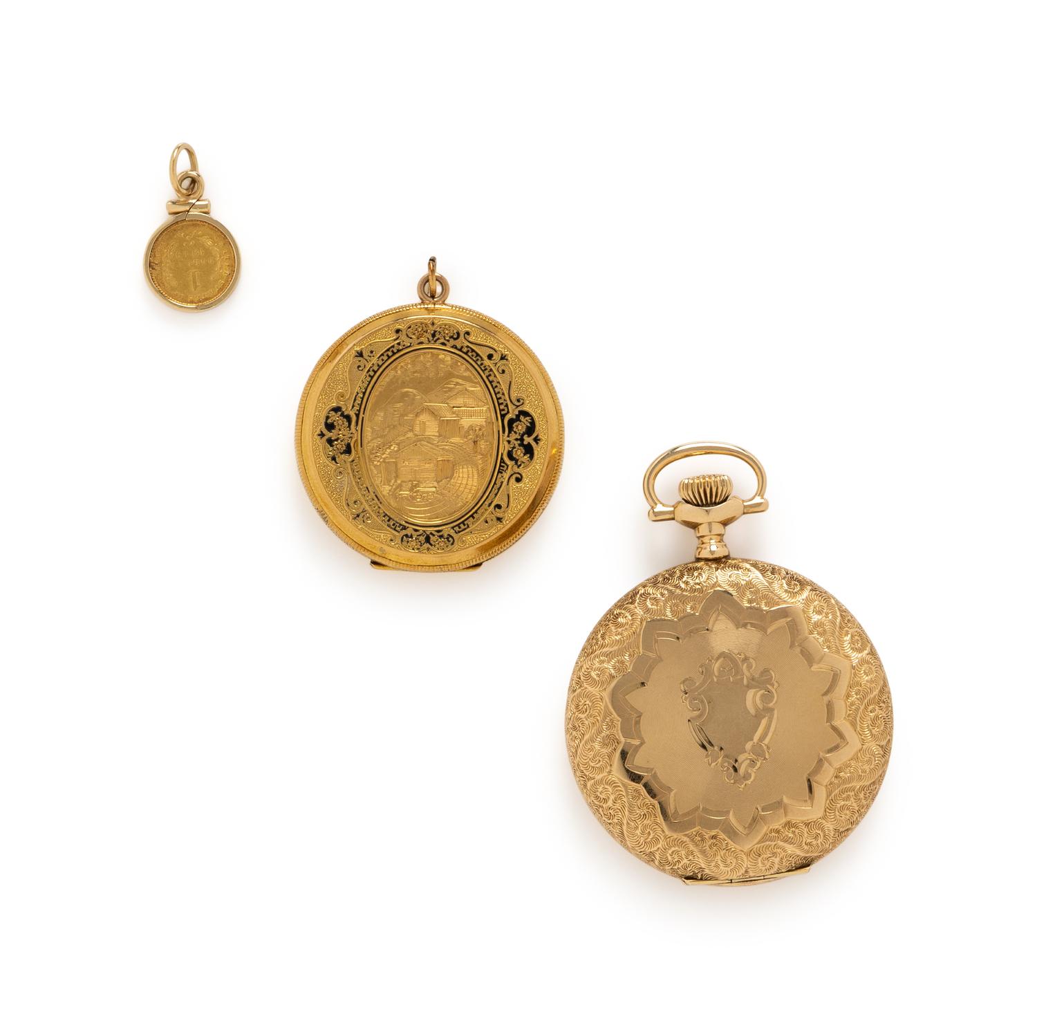 COLLECTION OF YELLOW GOLD JEWELRY AND A POCKET WATCH