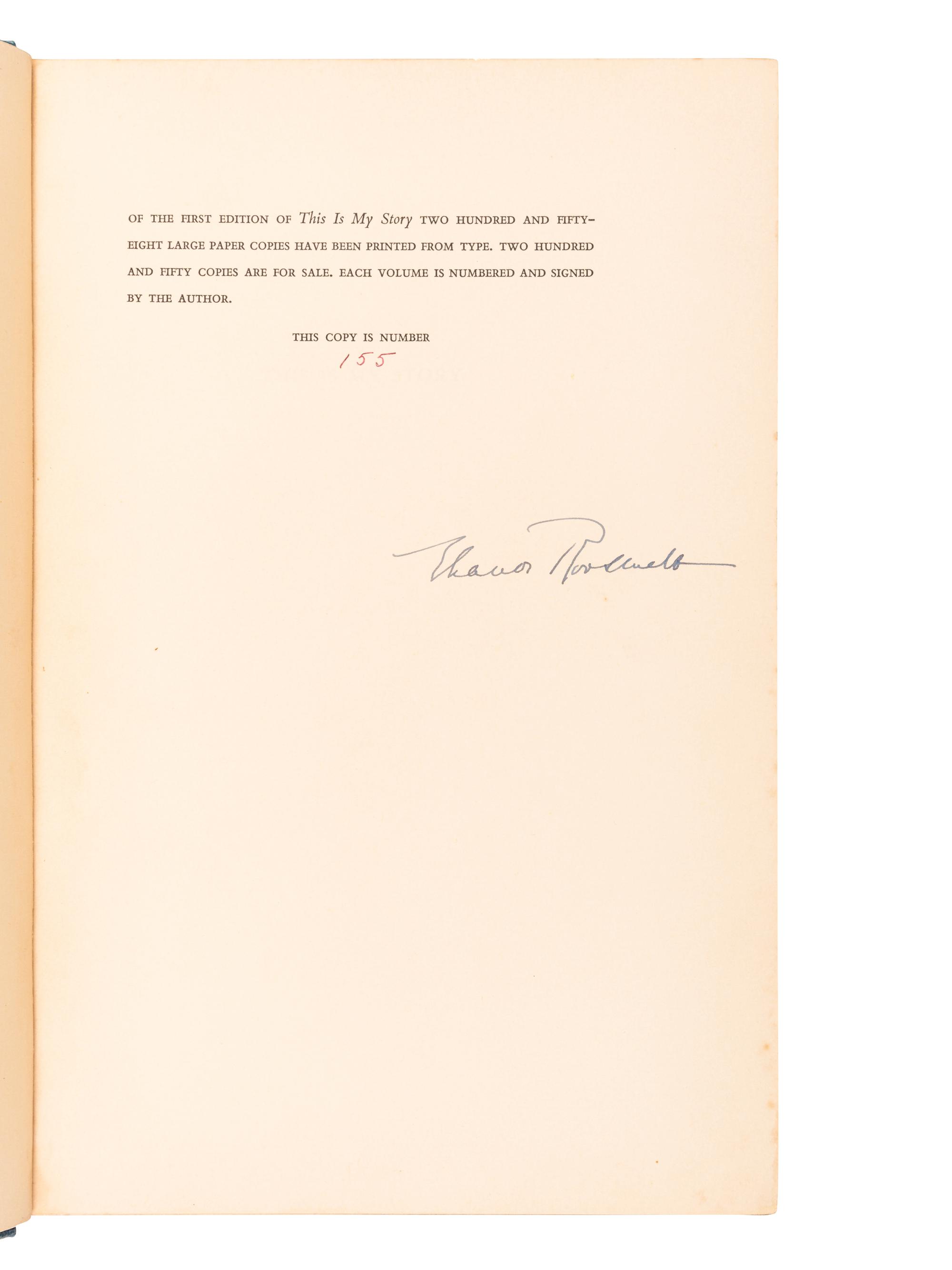 ROOSEVELT, Eleanor (1884-1962). This is My Story. New York: Harper & Brothers, 1937.